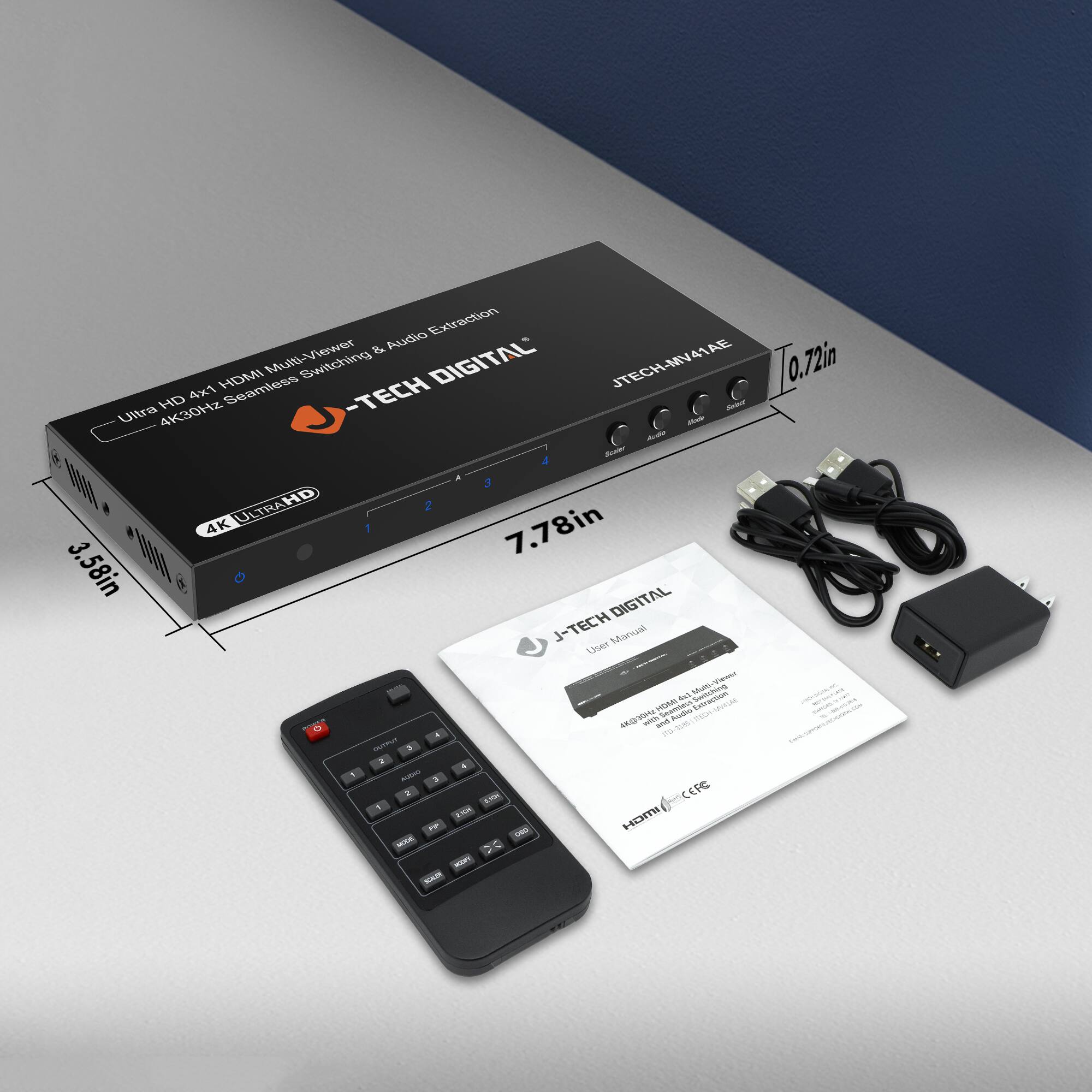 - Ultra HD 4Kx21 HDMI Multi-Viewer  
- 4K@30Hz Seamless Switching & Audio Extraction  
- J-TECH DIGITAL  
- JTECH-MV41AE  
- 4K ULTRA HD  
- 7.78in x 5.58in x 0.72in  
- 4K ULTRA HD  
- HDMI  
- Audio  
- Power  
- J-TECH DIGITAL  
- User Manual  
- HDMI to HDMI Multi-Viewer  
- 4K@30Hz Seamless Switching & Audio Extraction  
- JTECH-MV41AE  
- HDMI  
- Audio  
- Power  
- HOMI  
- CEFC