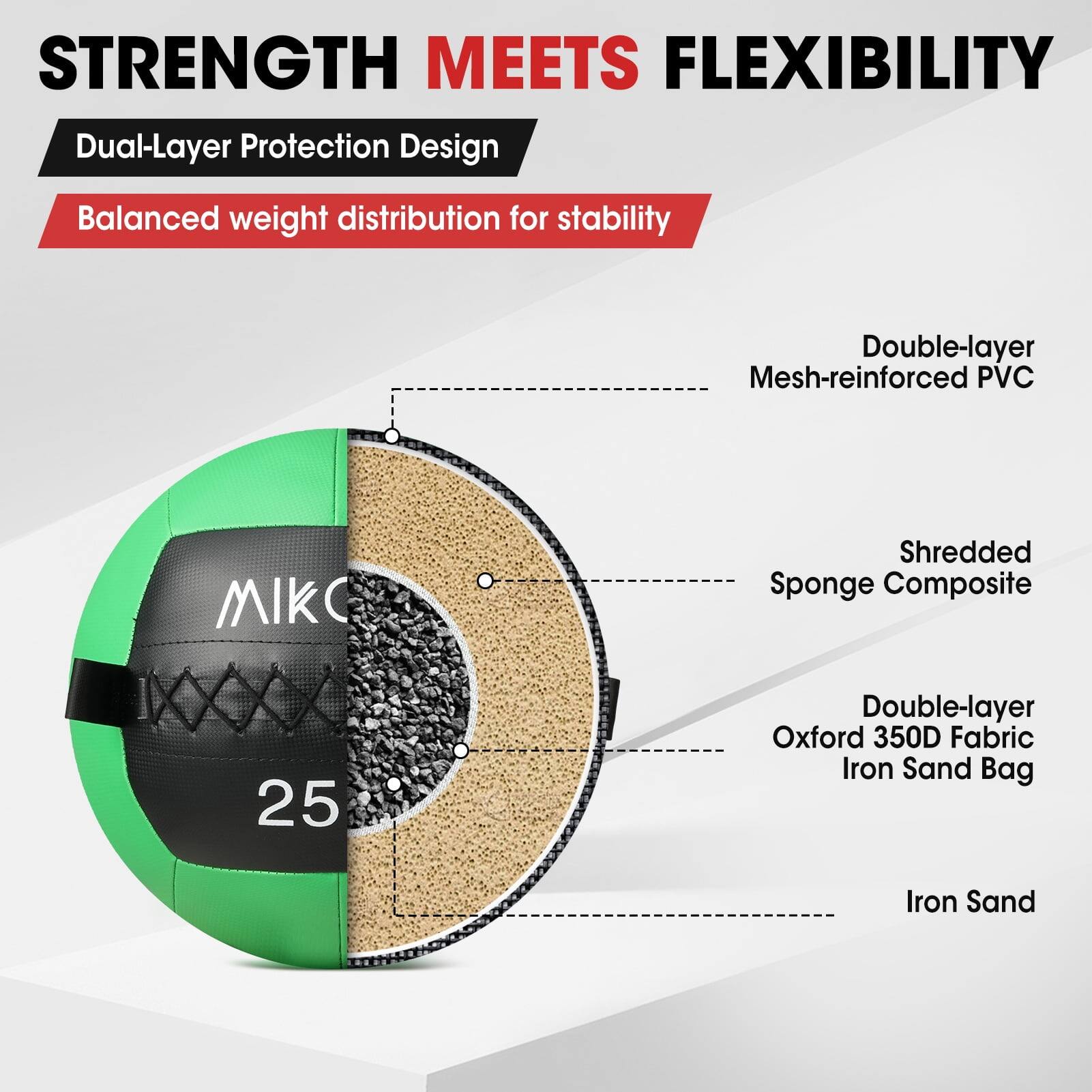 STRENGTH MEETS FLEXIBILITY

Dual-Layer Protection Design

Balanced weight distribution for stability

- Double-layer Mesh-reinforced PVC
- Shredded Sponge Composite
- Double-layer Oxford 350D Fabric Iron Sand Bag
- Iron Sand
