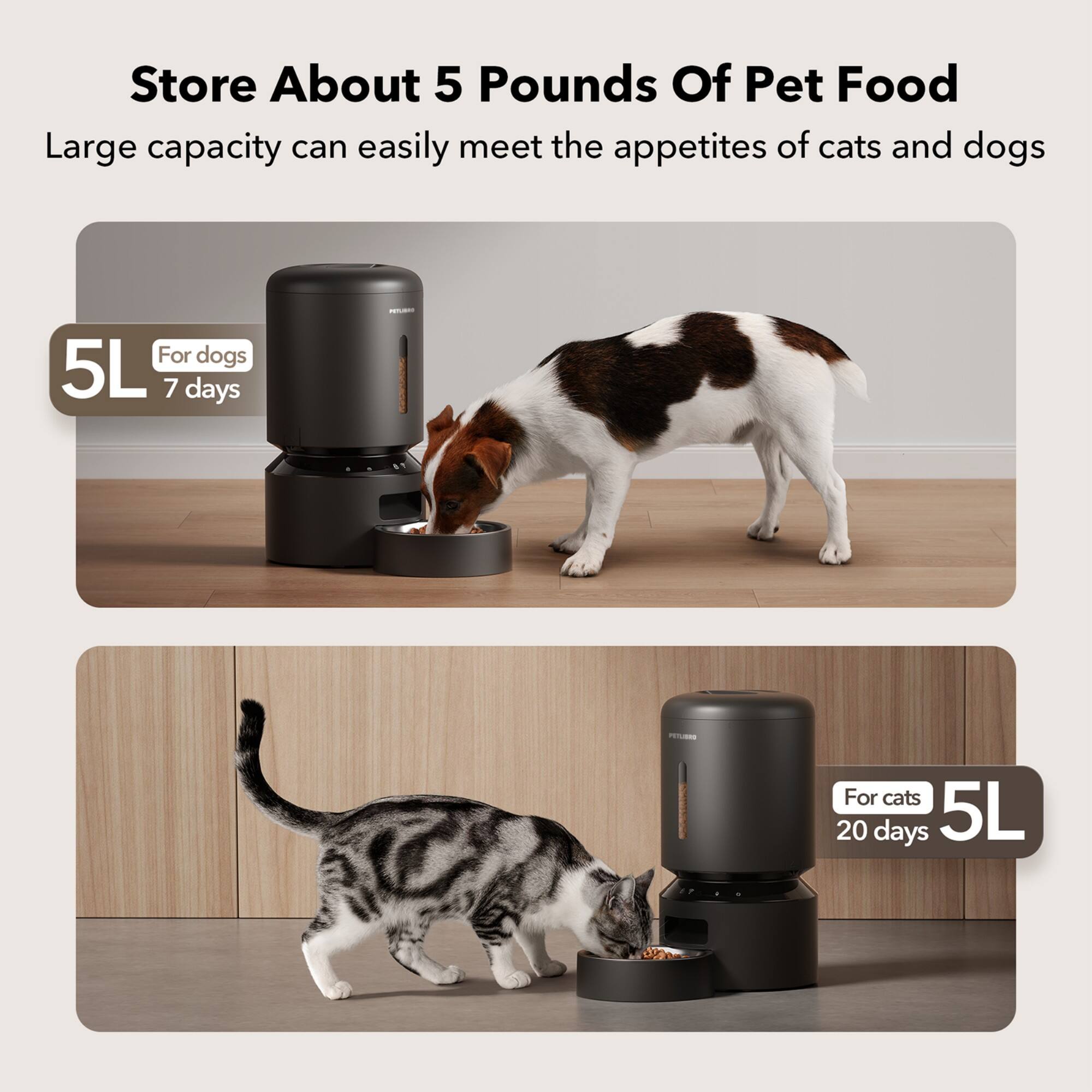 Store About 5 Pounds Of Pet Food Large capacity can easily meet the appetites of cats and dogs For dogs 5L 7 days -  For cats 20 days 5L