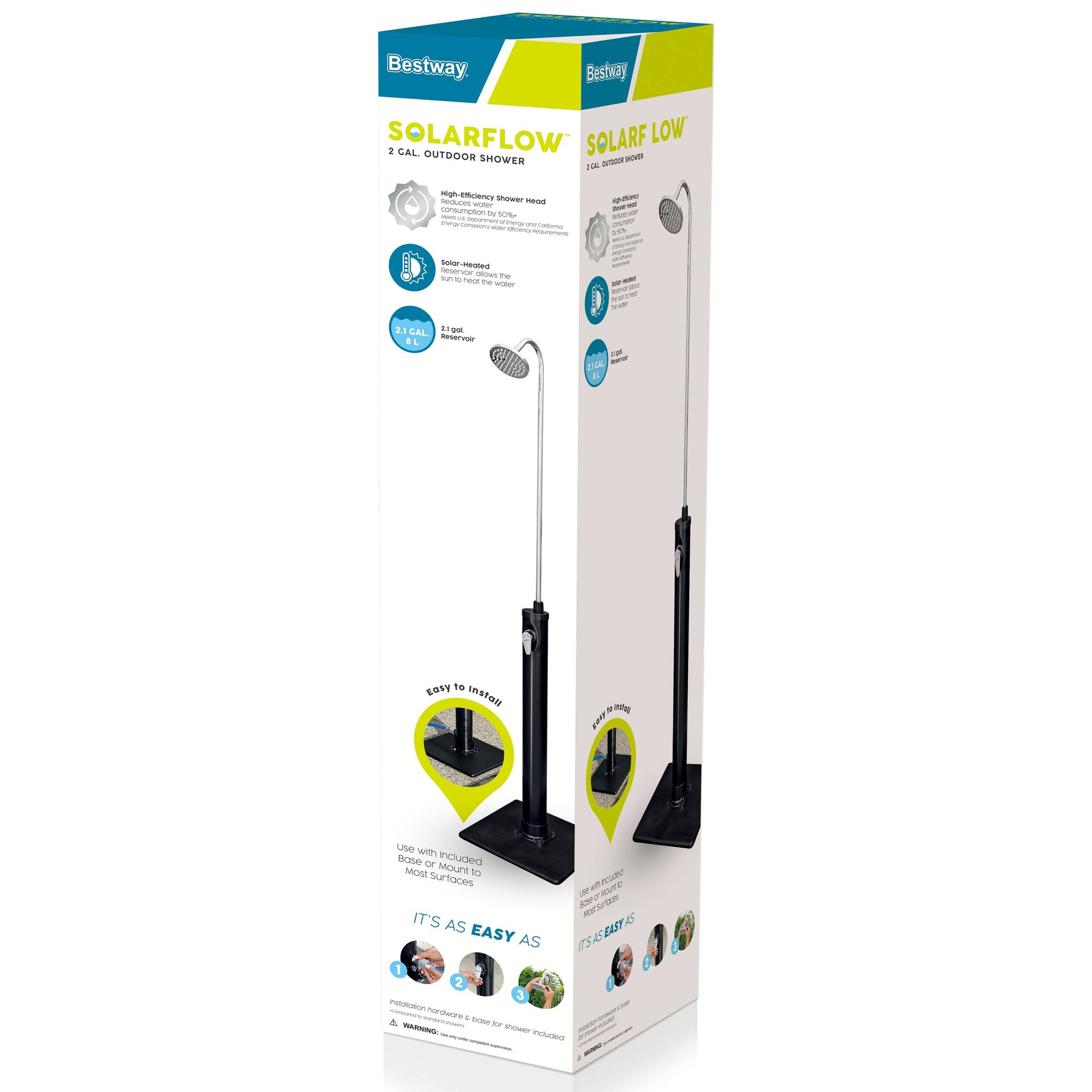 Bestway Solarflow Solarflow Low 2.5 GPM Outdoor Shower - It's as easy as 1, 2, 3.

1. Easy installation: Just follow the instructions and you'll have it up and running in no time.
2. Easy to use: No complicated setup required, just plug it in and enjoy the outdoor shower experience.
3. Most mounting options: The Solarflow can be used on a variety of surfaces, making it a versatile choice for any outdoor space.

This outdoor shower is designed to provide a convenient and eco-friendly way to clean up after outdoor activities. With its 2.5 GPM flow rate, it's perfect for washing off dirt and debris without wasting water. Plus, its solar-powered design means you don't need to worry about electricity or batteries, making it a hassle-free solution for any outdoor adventure.