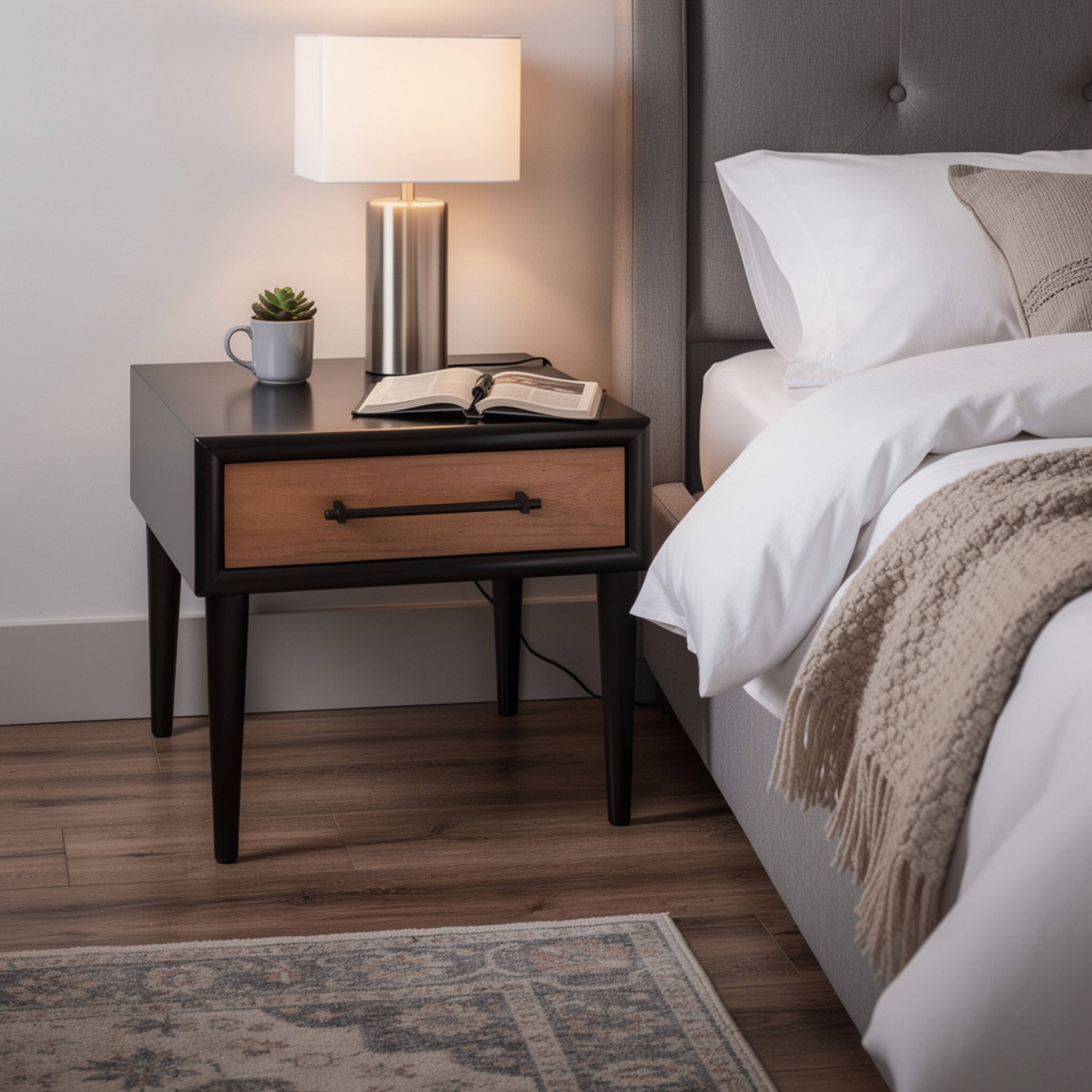 Alt View 5. Manhattan Lane - Lucas Side End Table, 1 Drawer, Brown, Black Solid Rubberwood, 24 Inch - White Wash Brown, Black.