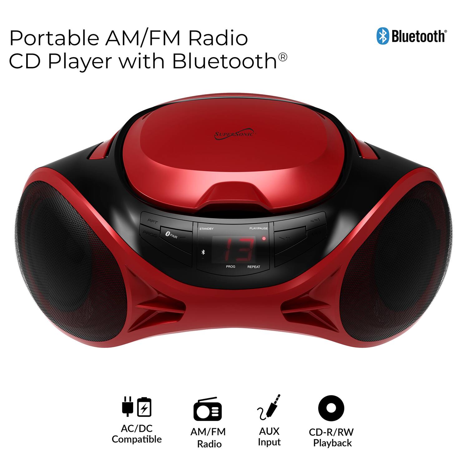 Portable AM/FM Radio CD Player with Bluetooth

Bluetooth

AC/DC Compatible

AM/FM Radio

2 AUX Input

CD-R/RW Playback