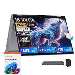 HP - Upgraded - OmniBook X Flip 16" 2K OLED Touch 2-in-1 Laptop,AMD Ryzen AI 7 445,16GB LPDDR5X,2TB SSD+1TB Dock,Backlit,Win 11 Pro - Meteor Silver