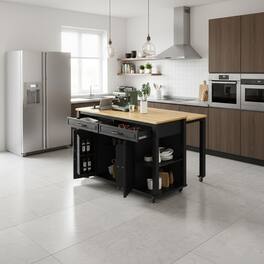 Forest'nSky - 47 inch Rolling Kitchen Island with Storage, Rubber Wood Veneer Table, Power Outlet, Internal Rack - Black