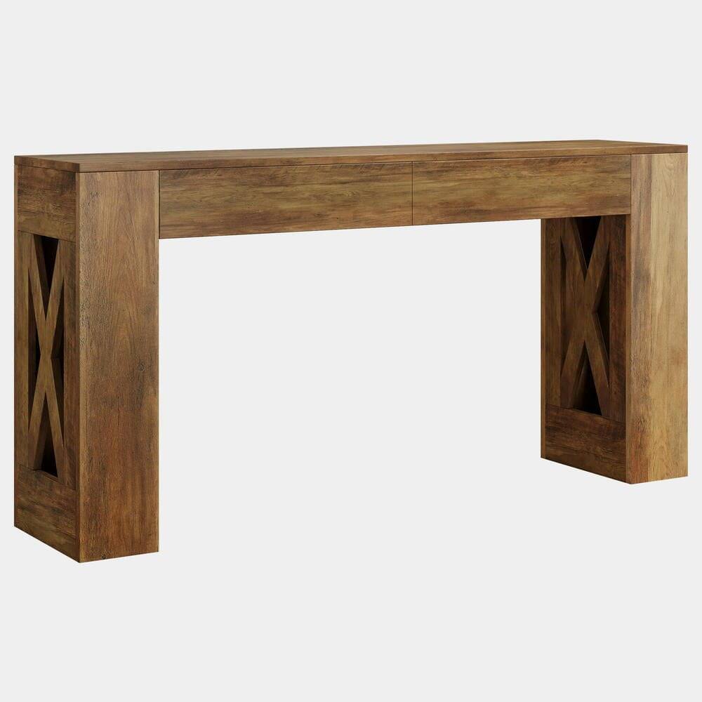 Angle. Kadyn - 63-Inch Farmhouse Console Table with 2 Drawers and X-Legs, Narrow Sofa Table, Warm Brown - Brown.