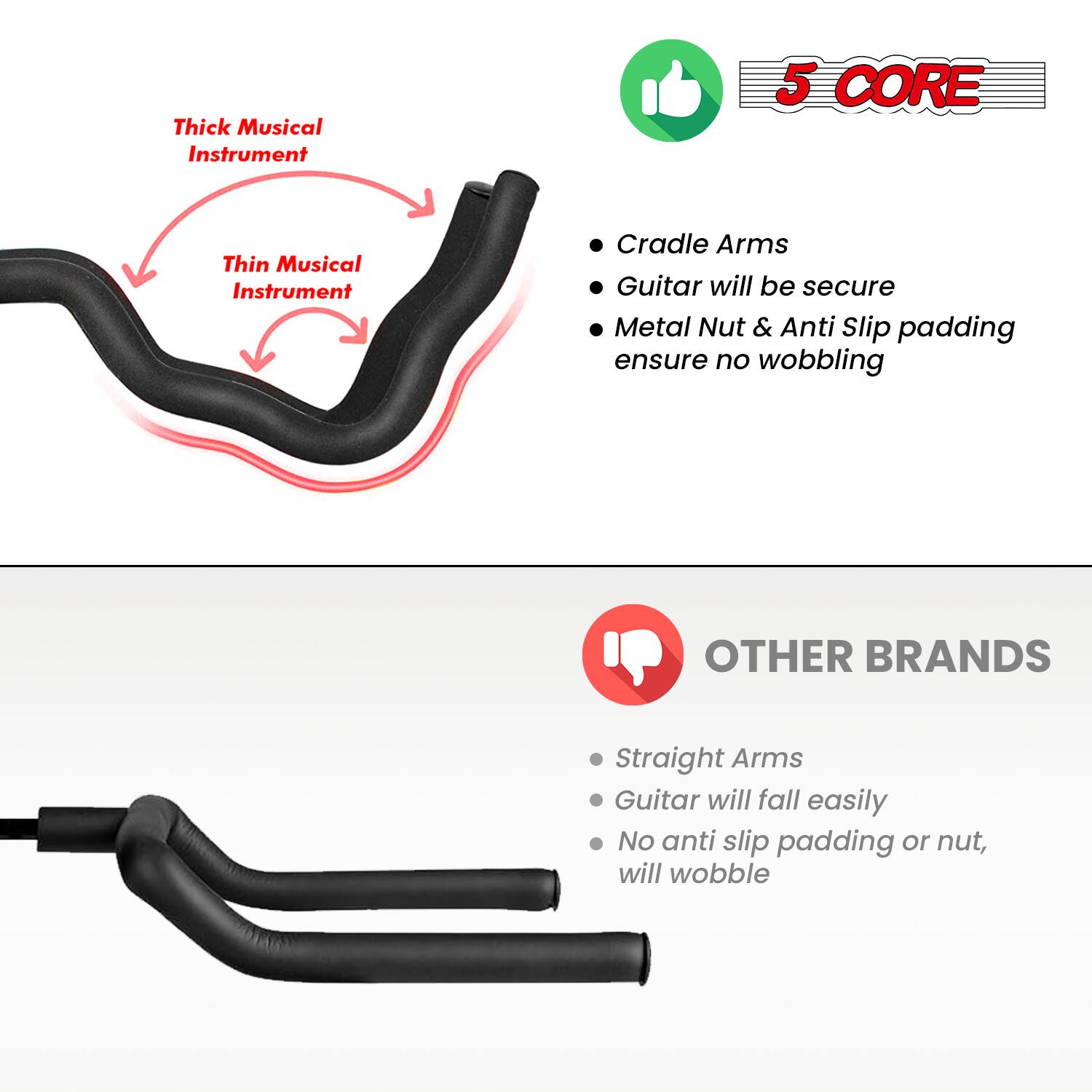 Thick Musical Instrument  
Thin Musical Instrument  

5 CORE  
- Cradle Arms  
- Guitar will be secure  
- Metal Nut & Anti Slip padding ensure no wobbling  

OTHER BRANDS  
- Straight Arms  
- Guitar will fall easily  
- No anti slip padding or nut, will wobble