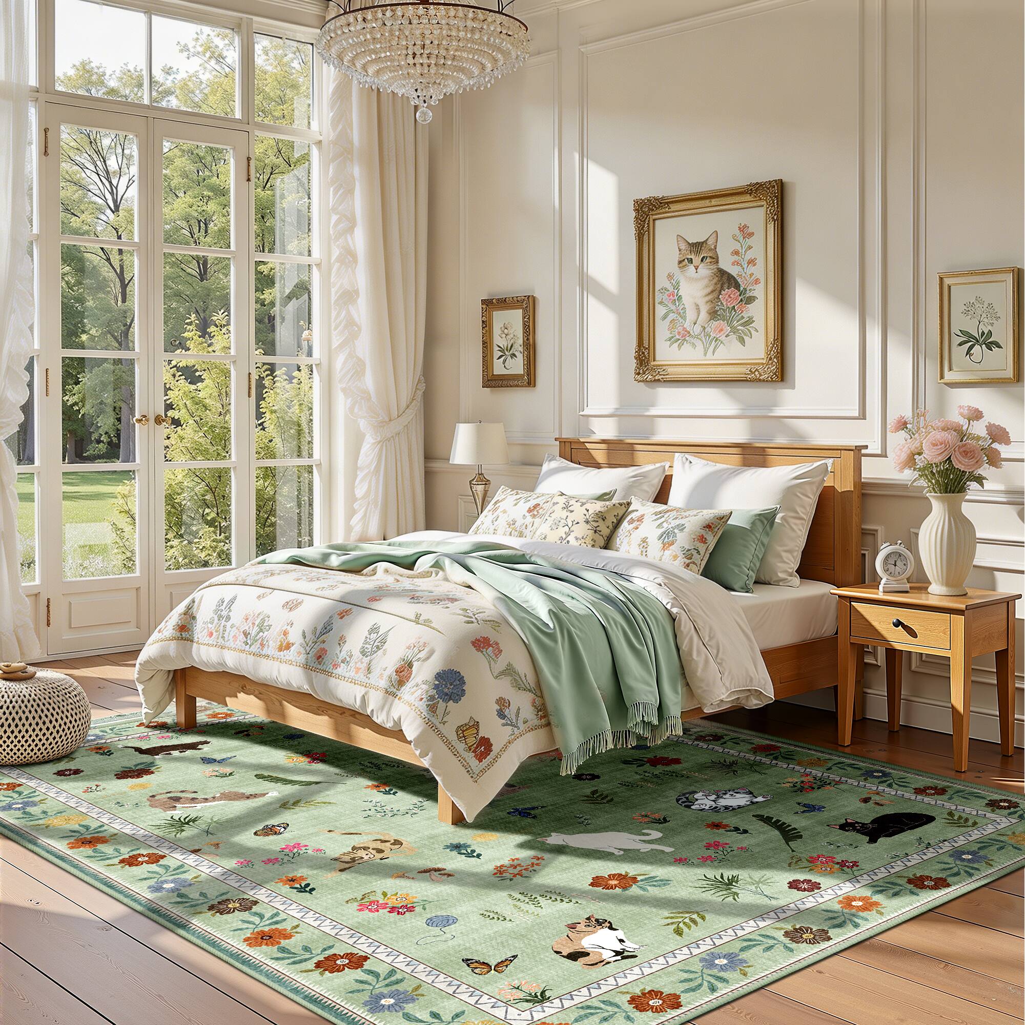 Alt View 2. KERDOM - 5x7 ft Area Rug Adorable Cat Design – Medium Animal Carpet for Living Room & Playroom, Non-Slip Washable Pet Lover Gift - Green.