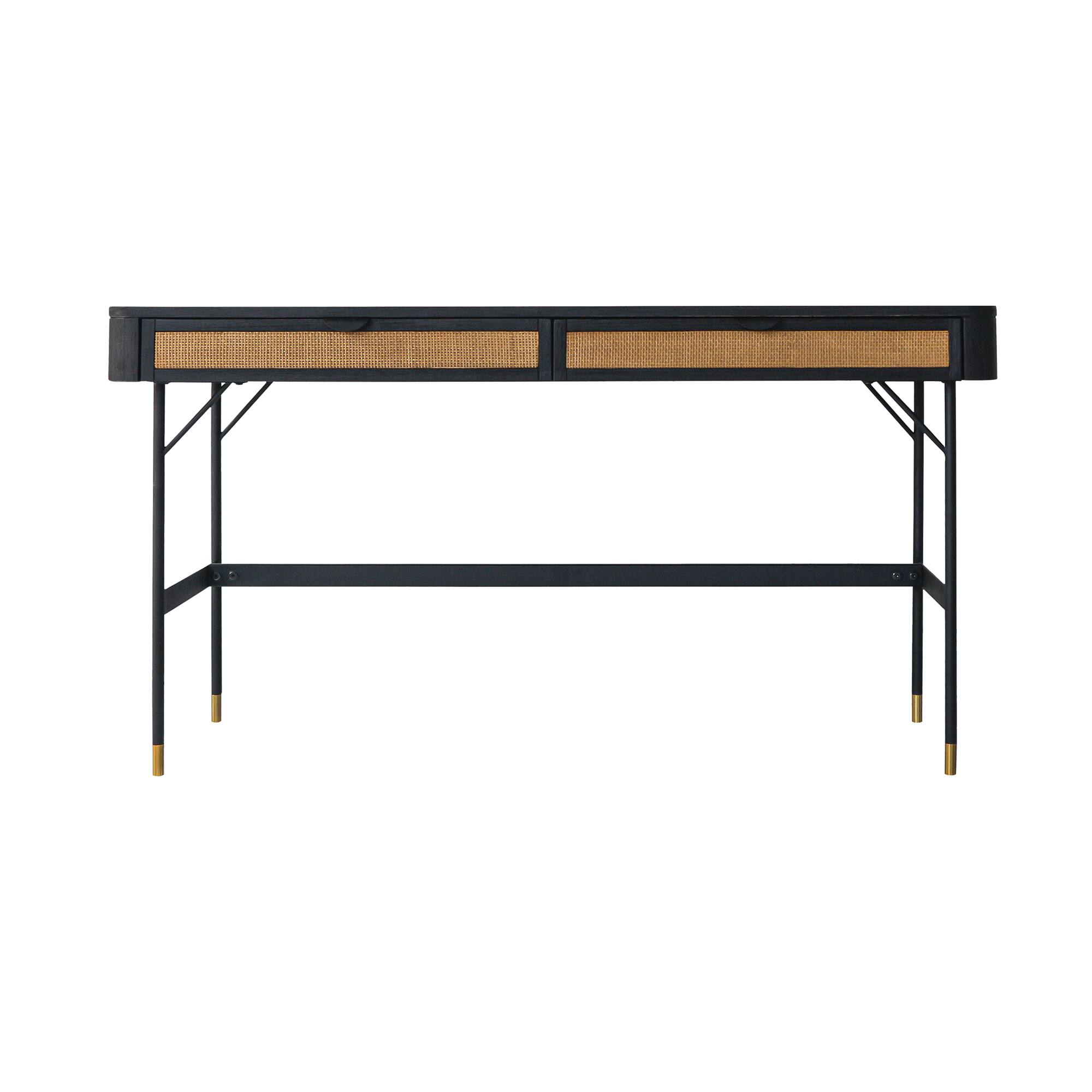 Front. Armen Living - Saratoga 2 Drawer Desk in Black Acacia with Rattan - Black.