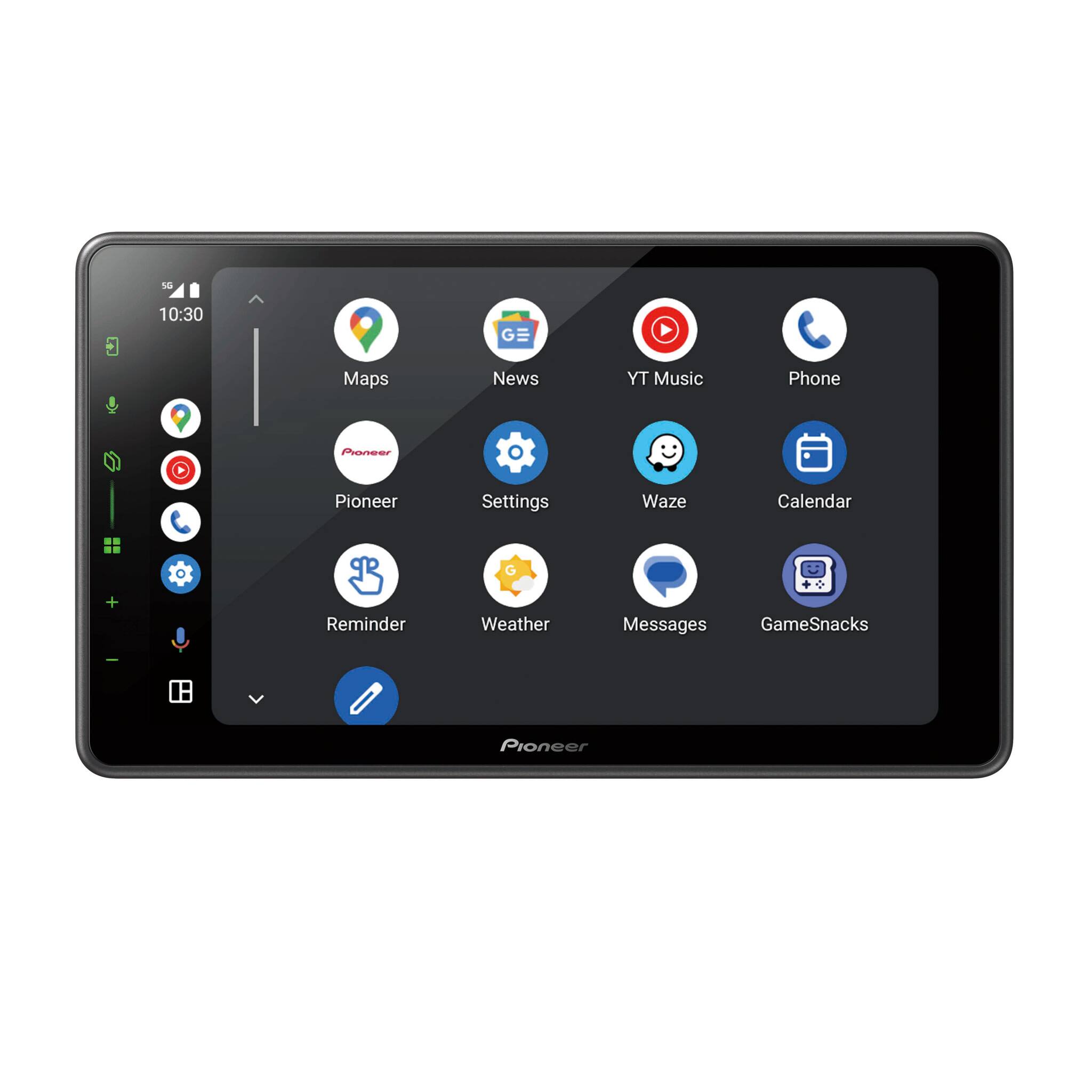 16 10:30 GE Maps News YT Music Phone Pioneer Settings Waze Calendar + Reminder Weather Messages GameSnacks