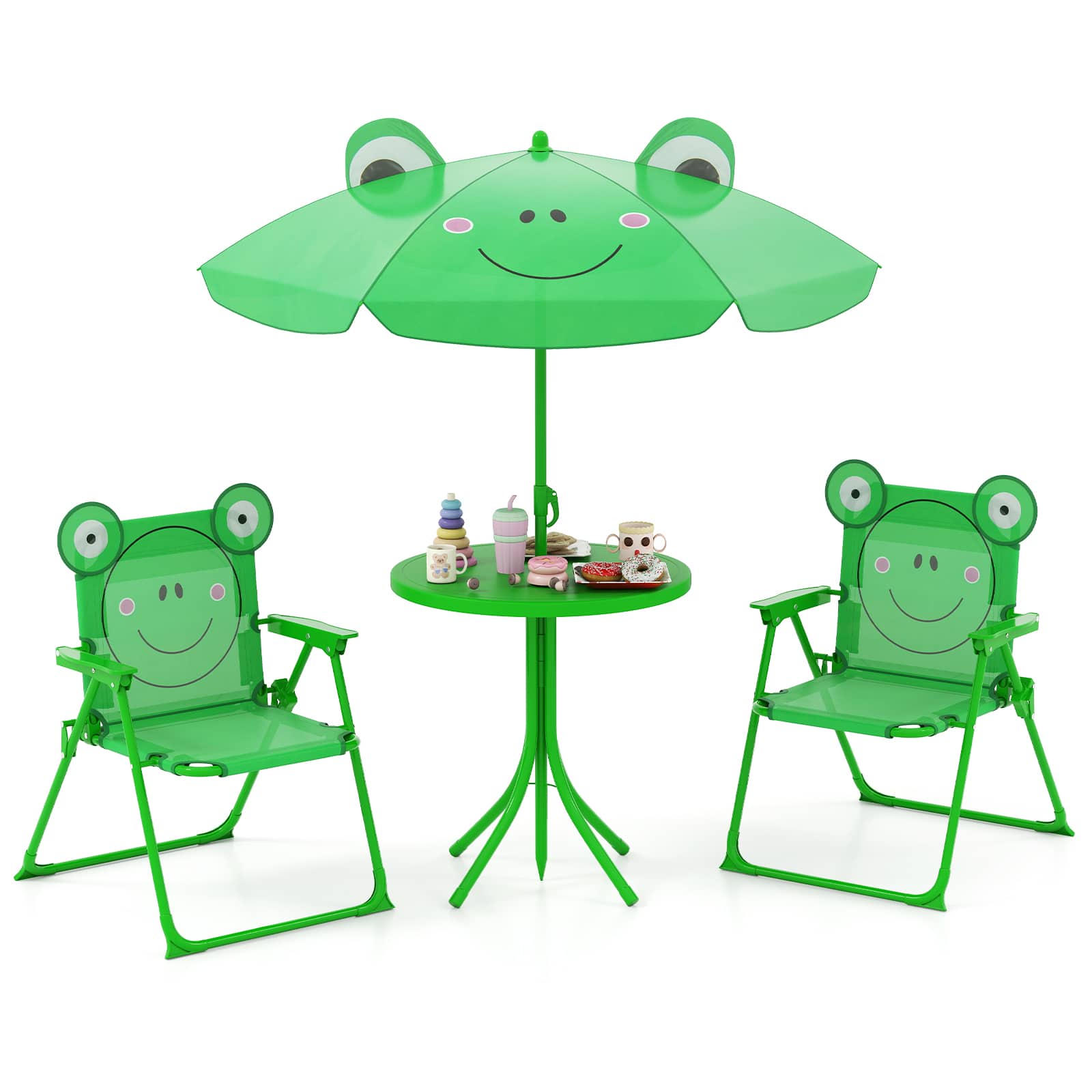 Costway - Kids Picnic Table & Chair Set with 2 Folding Chairs & Height Adjustable Umbrella - Green