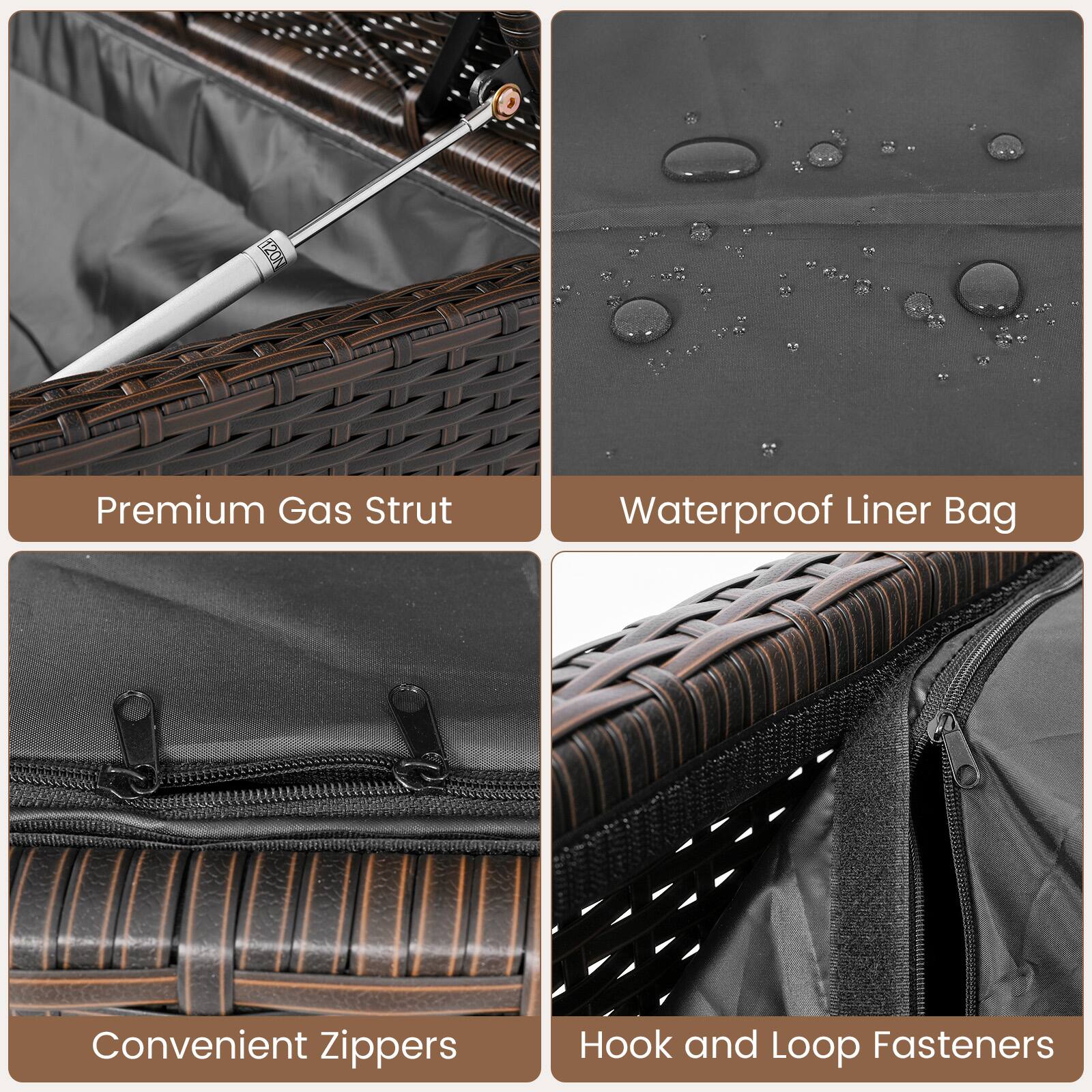 Premium Gas Strut  
Waterproof Liner Bag  
Convenient Zippers  
Hook and Loop Fasteners