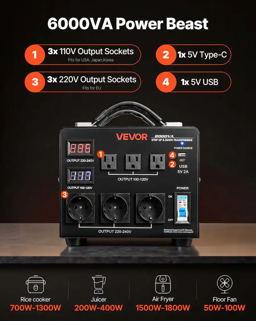 VEVOR Voltage Auto Converter Transformer, 6000VA, Heavy Duty Step Up ...