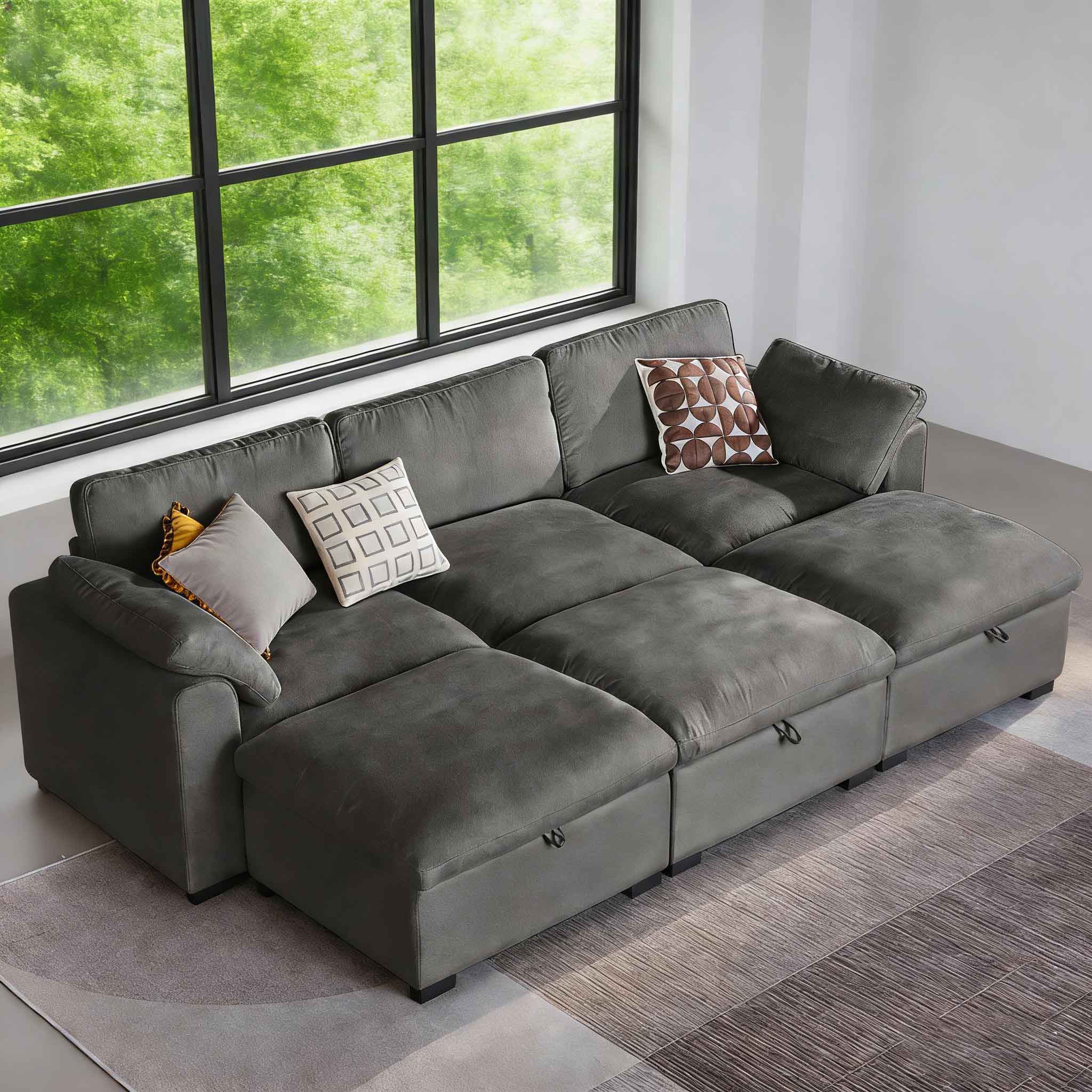Front. Dyonery - Dyonery 120" Modular Sectional Sofa, 6 Seat Sleeper Bed with Storage Ottoman , Solid Wood Frame,Tool Free, Gray - Linen Gray.