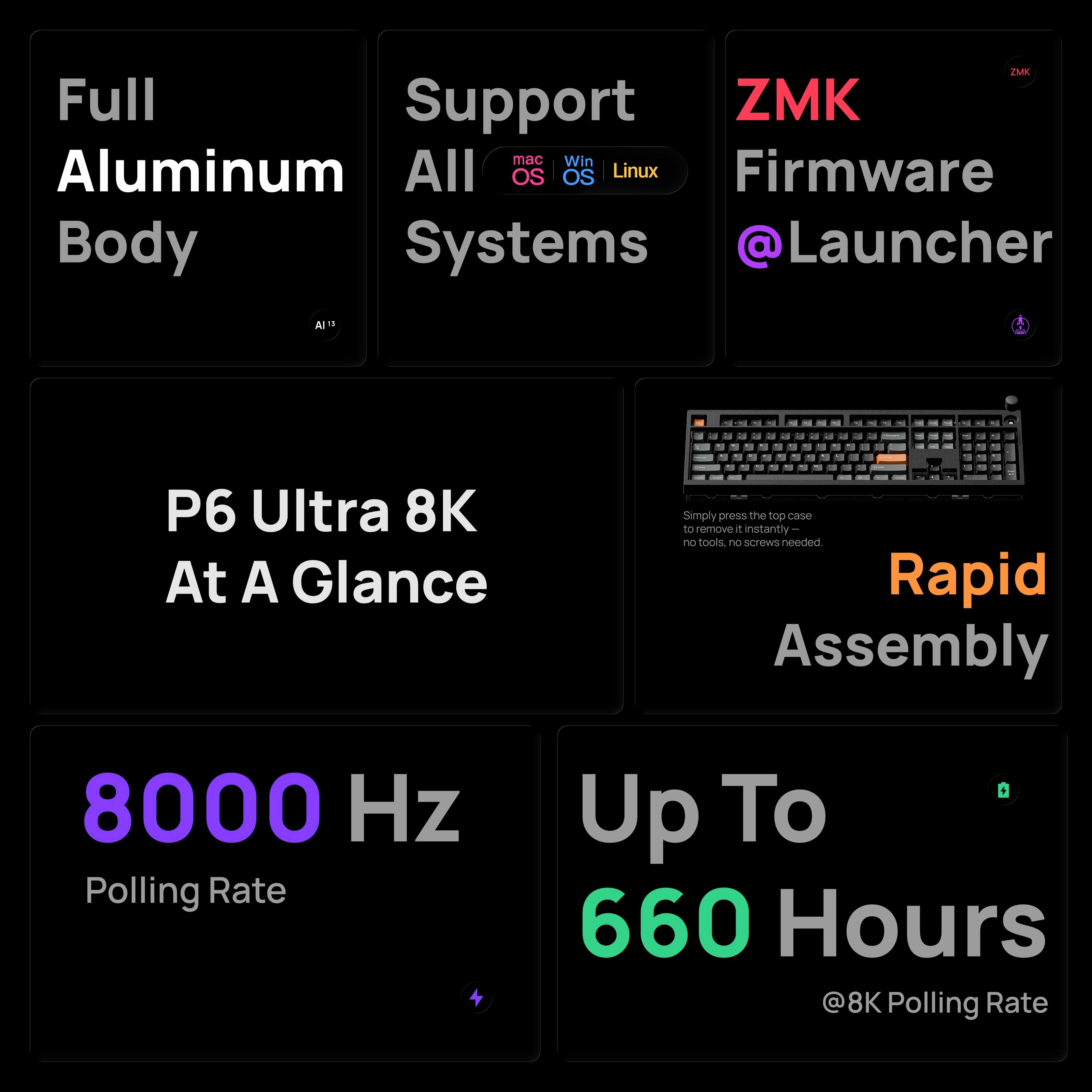 2M8 Full Support ZMK mac Win Aluminum All OS OS Linux Firmware Body Systems @Launcher Al" P6 Ultra 8K At A Glance Simply press the top case to remove it instantly, no tools or screws needed. Rapid Assembly 8000 Hz Polling Rate Up To 660 Hours @8K Polling Rate