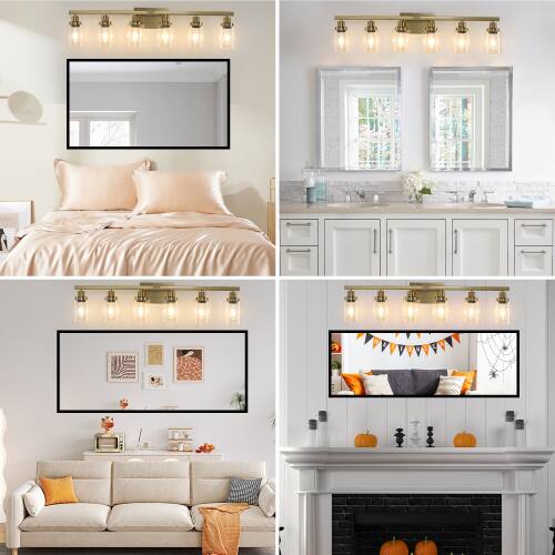 Angle. LUCKY ONE - 37in Wall Mount Vanity Light, 6-Light Gold Iron Sconce with Clear Glass Shades for Bathroom - Gold.