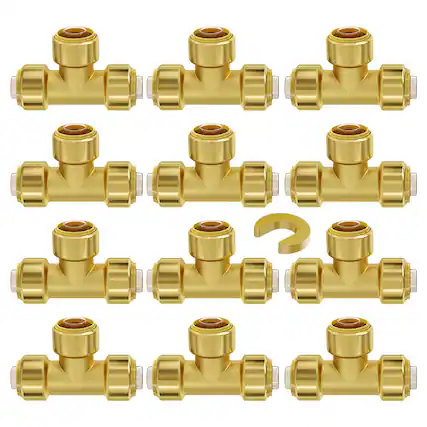 Front. VEVOR - Pipe Fittings, 1/2" 12PCS Tee Brass Pipe Fittings, Push-Fit Pipe Connector Brass Air Fittings - Brass color.