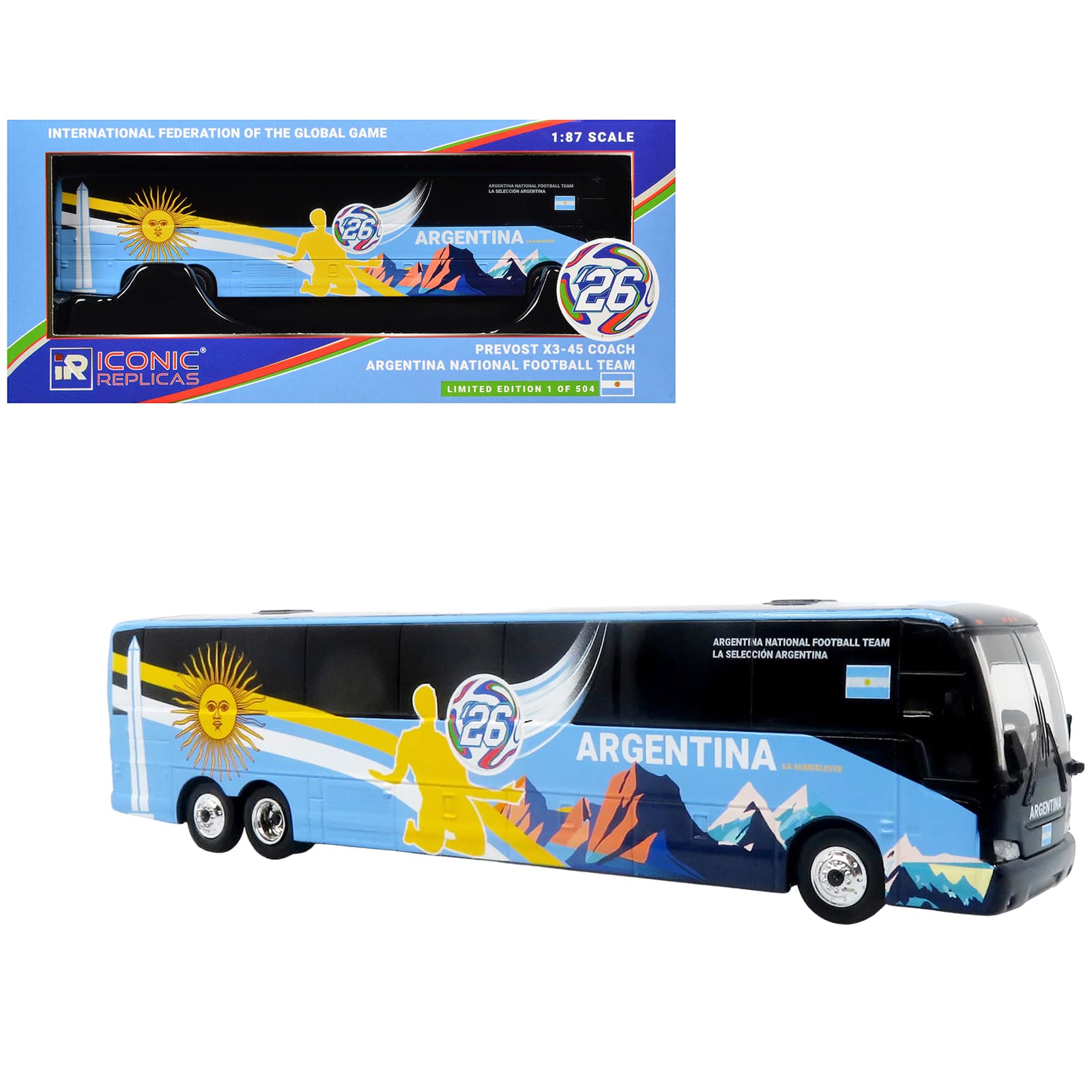 Prevost X3-45 Coach Bus "Argentina National Football Team" Blue with Graphics 1/87 (HO) Diecast Model by Iconic Replicas