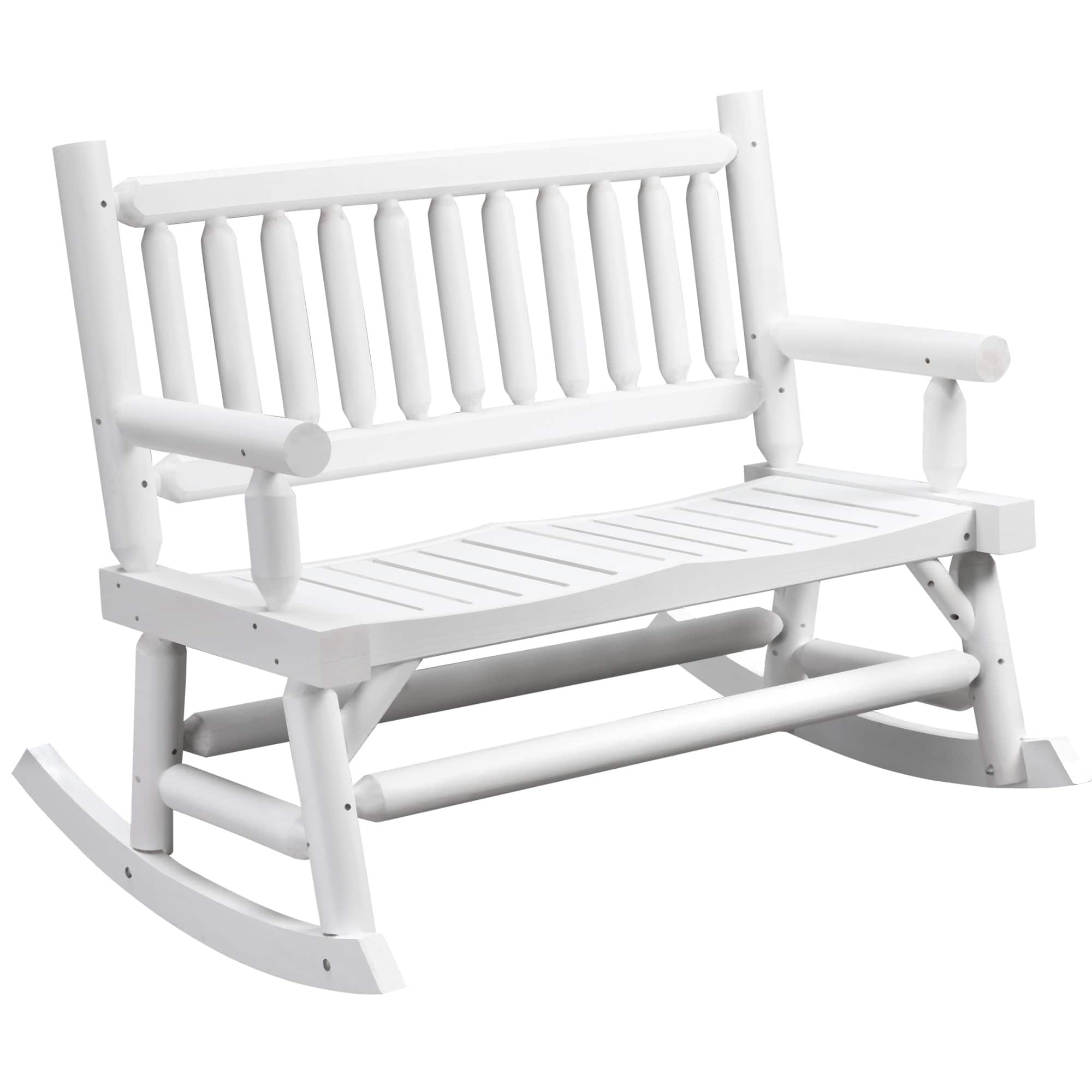 Outsunny - 2-Person Wood Rocking Chair with Log Design, Heavy Duty Loveseat with Wide Curved Seats for Patio, Backyard, Garden - White
