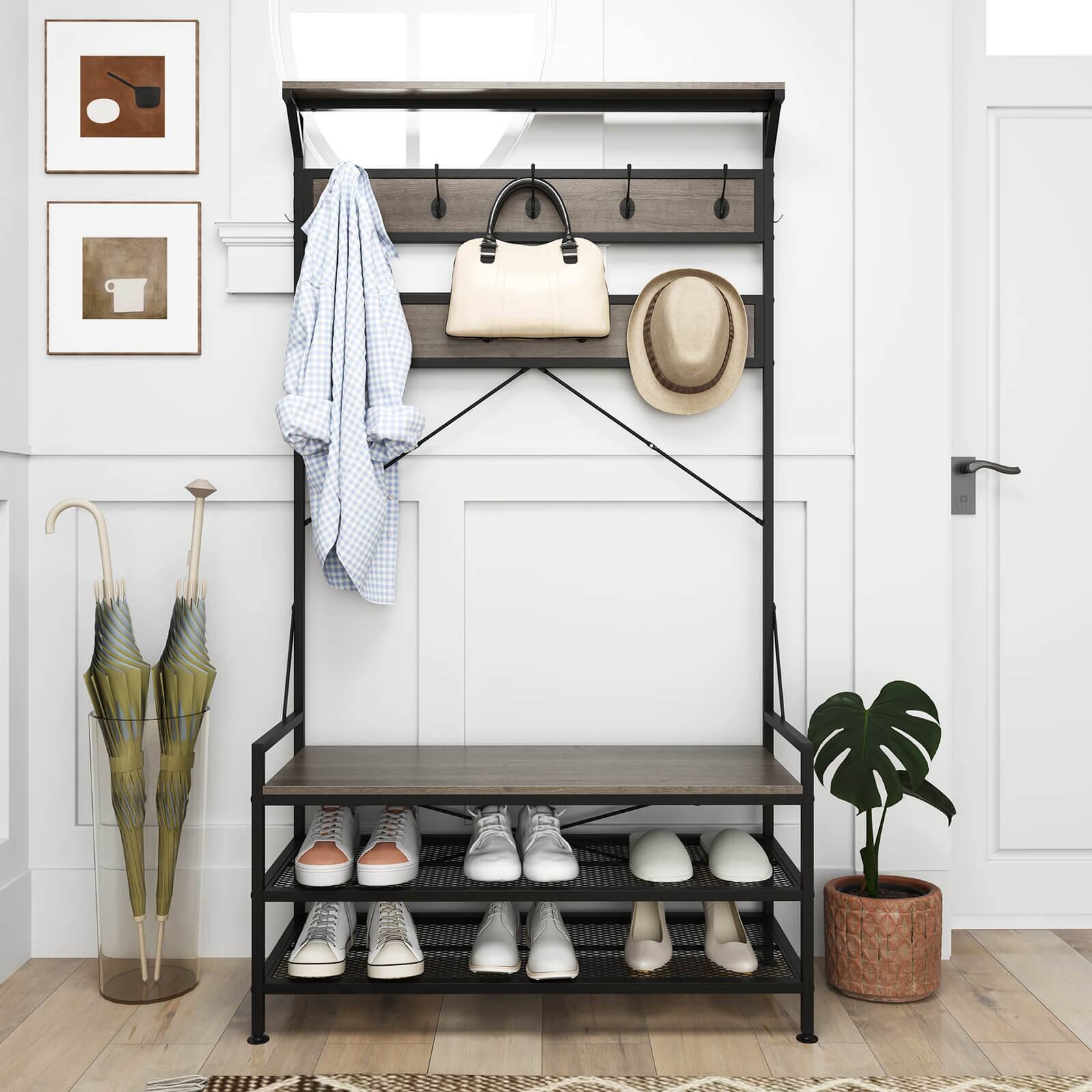 Alt View 1. Costway - Costway Coat Rack 4-In-1 Hall Tree with 11 Hanging Hooks, Shoe Bench, 2-Tier Shoe Rack - Gray,Black.