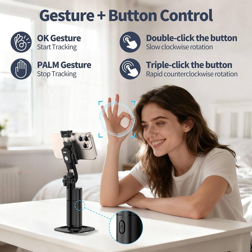 Gesture + Button Control

- OK Gesture
  - Start Tracking

- PALM Gesture
  - Stop Tracking

- Double-click the button
  - Slow clockwise rotation

- Triple-click the button
  - Rapid counterclockwise rotation