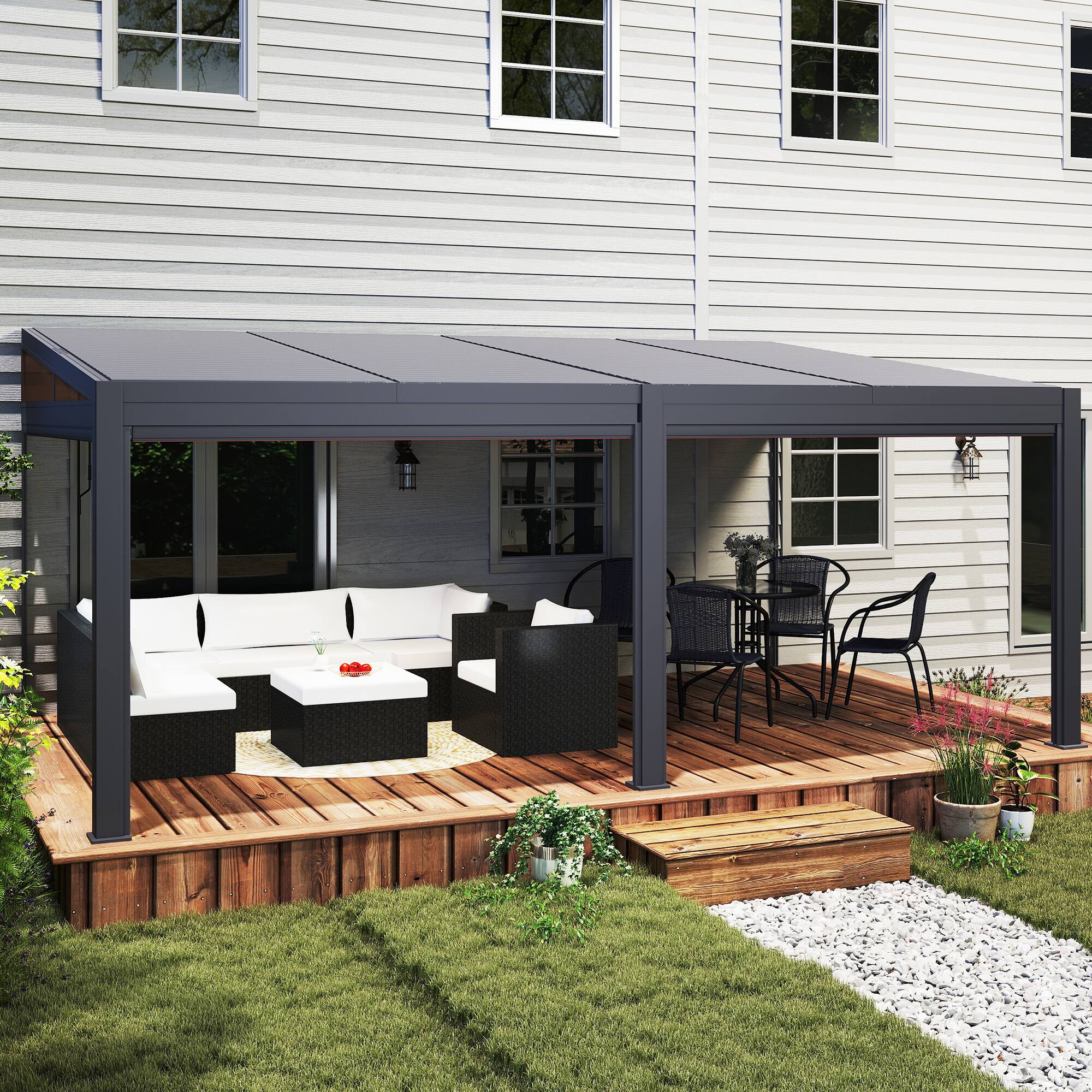 Front. U-HOMY - Wall-Mounted Aluminum Louvered Pergola with Adjustable Roof & Pull-Down Screen, Outdoor Patio Awning - Black.