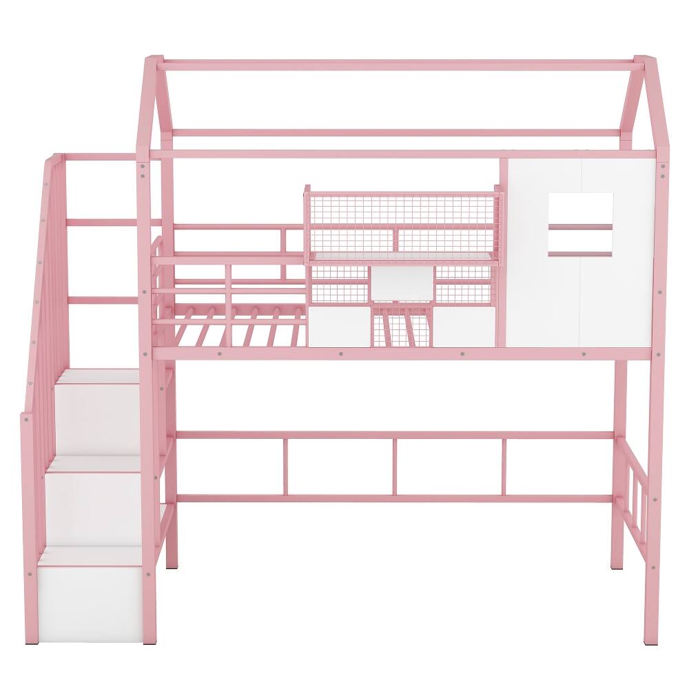 Alt View 2. Loheer - Loheer Metal Loft Bed Twin Size Pink House Bed with Storage - Pink.