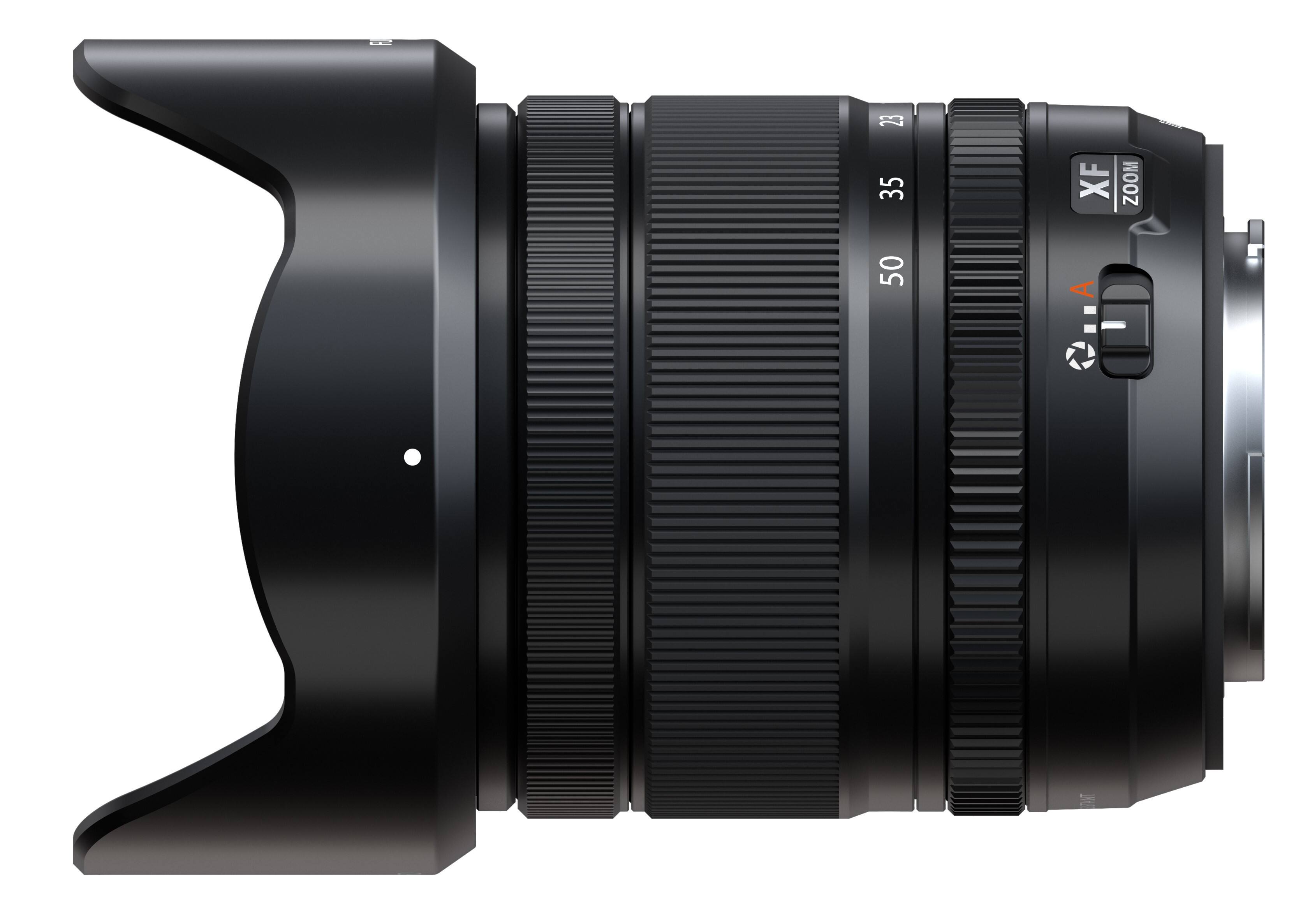 The image features a large black lens, which is likely a part of a camera. The lens is prominently displayed in the foreground, with the background being white. The lens is described as a "digital camera lens," which suggests that it is designed for use with digital cameras. The lens is also described as a "zoom lens," indicating that it has the ability to zoom in and out. The lens is further described as having a "50mm" focal length, which is a common focal length for lenses and can provide a wide range of focusing capabilities.