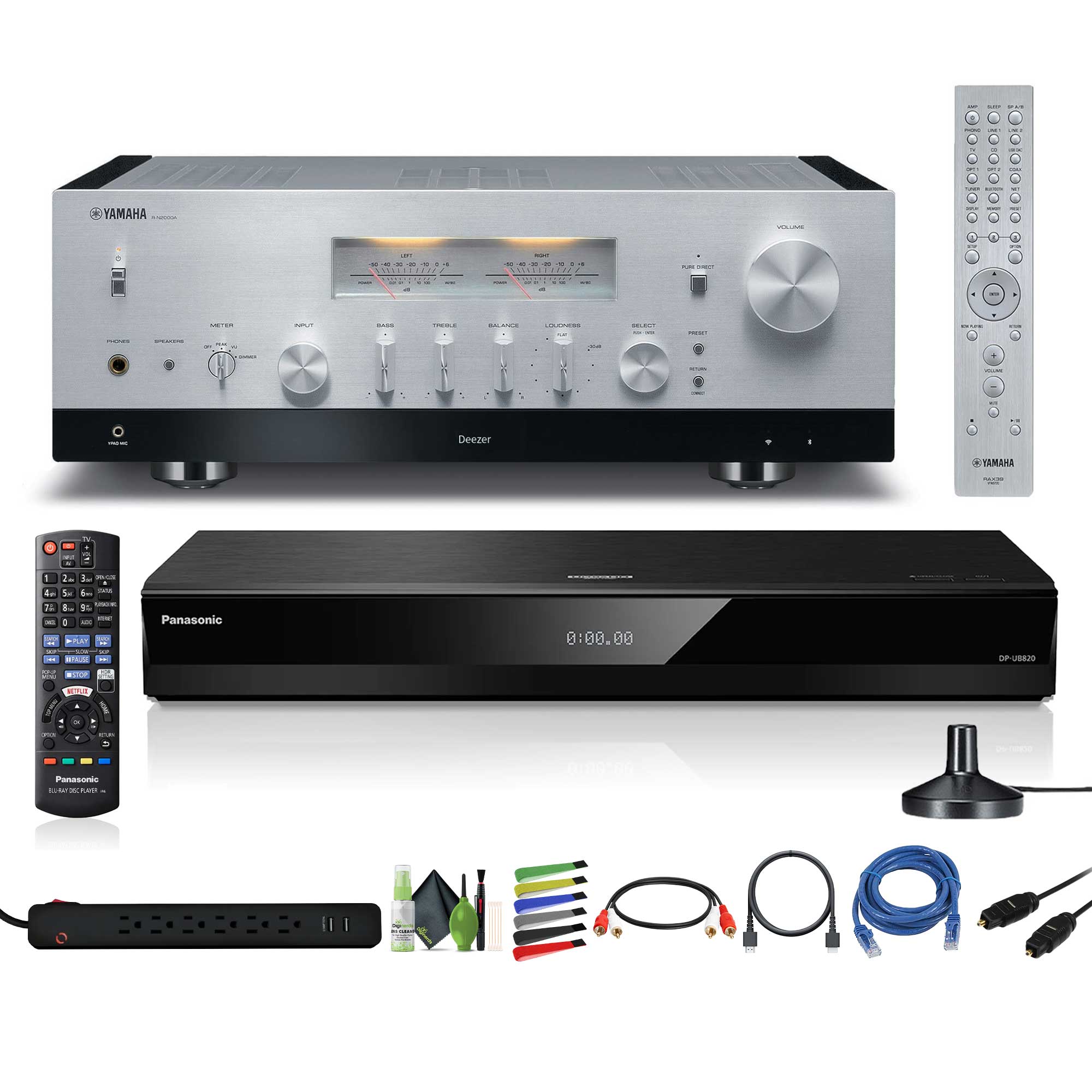 Bundle - Yamaha - R-N2000A 2.1-Channel Network Stereo Receiver (Silver), Panasonic DP-UB820-K HDR 4K UHD Network Blu-ray Player, Ca
