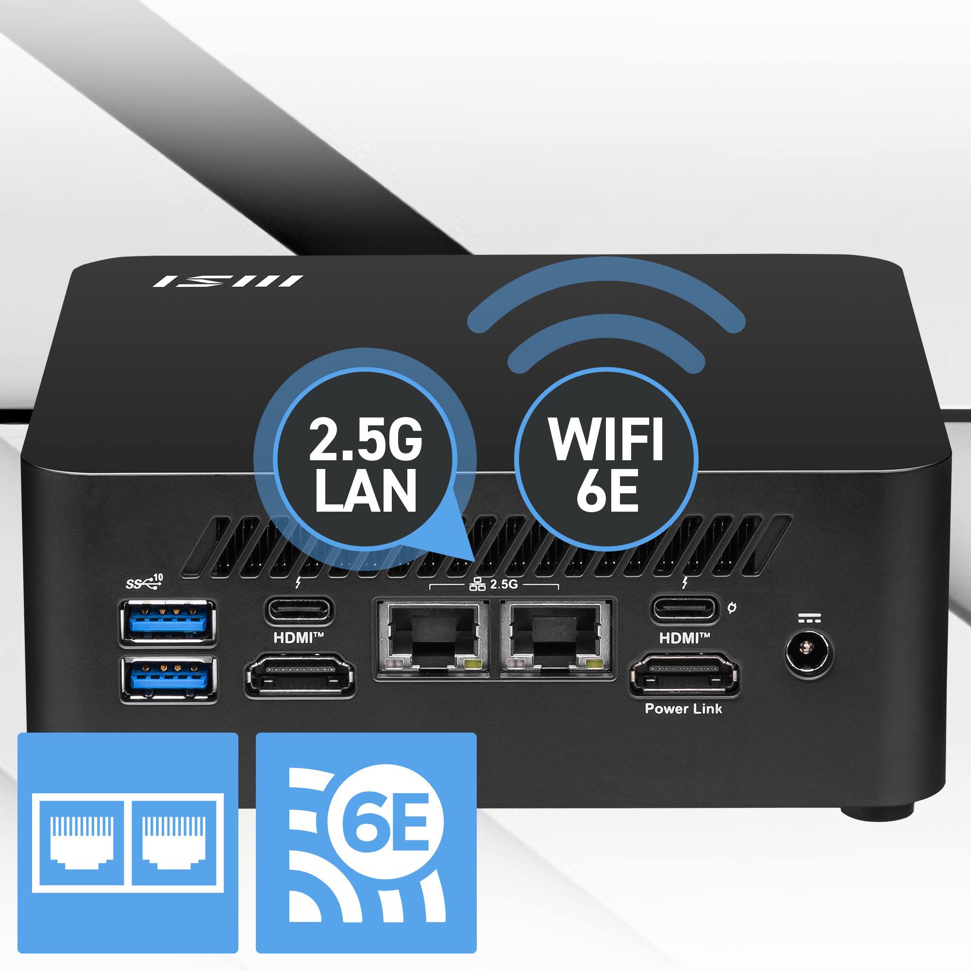 The text on the image reads: "II 2.5G LAN WIFI 6E sse 2.5G HDMI Fa HDMI* Power Link 6E." This text is describing the features of a small computer or router. The text indicates that the device has a 2.5G LAN (LAN is short for Local Area Network) and WiFi capabilities, as well as a 6E Power Link. The device also has a 2.5G HDMI port and a FA HDMI port, which suggests that it can support high-definition video output.