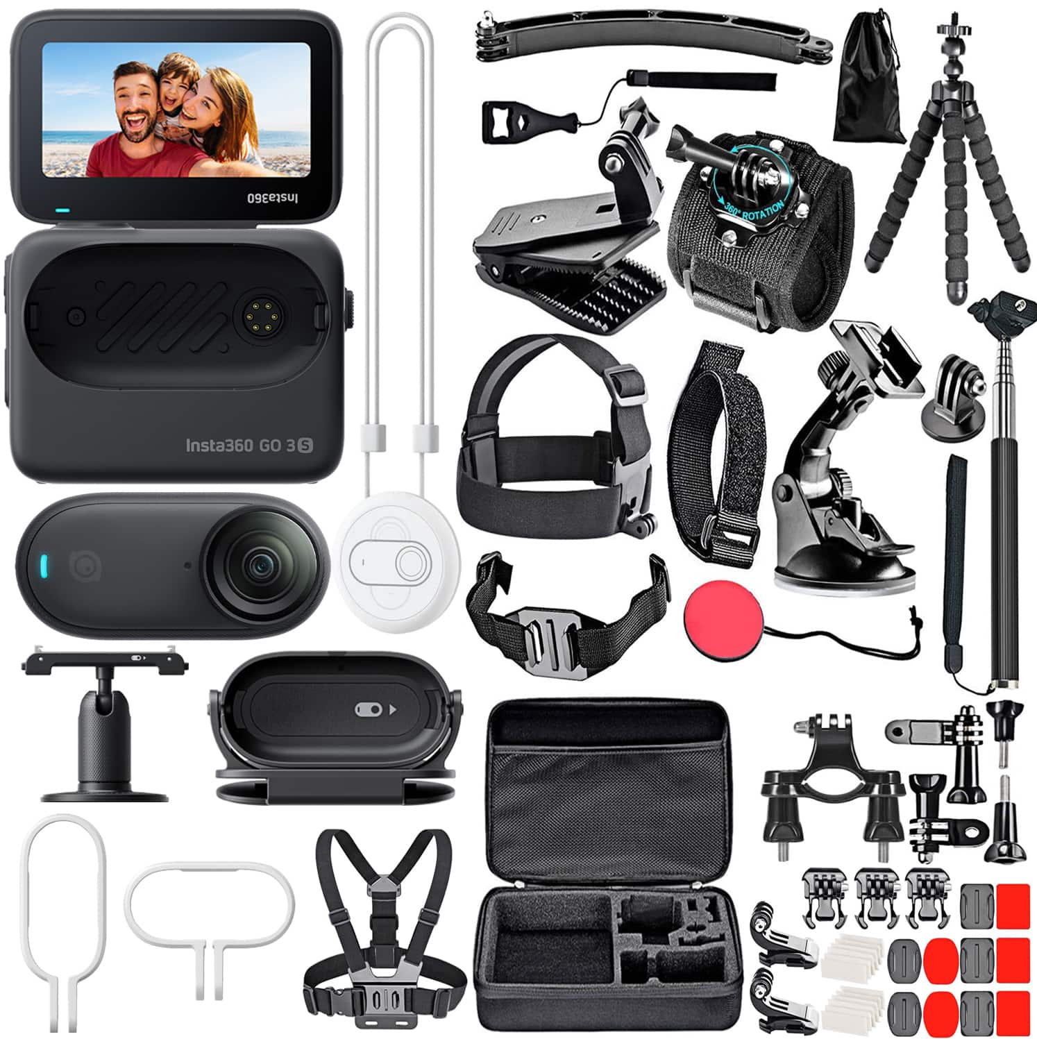 GO 3S - 128 GB 4K Camera + Insta360 GO 3S Action Mount Set + 50-in-1 Accessory Kit + Travel Case - Black