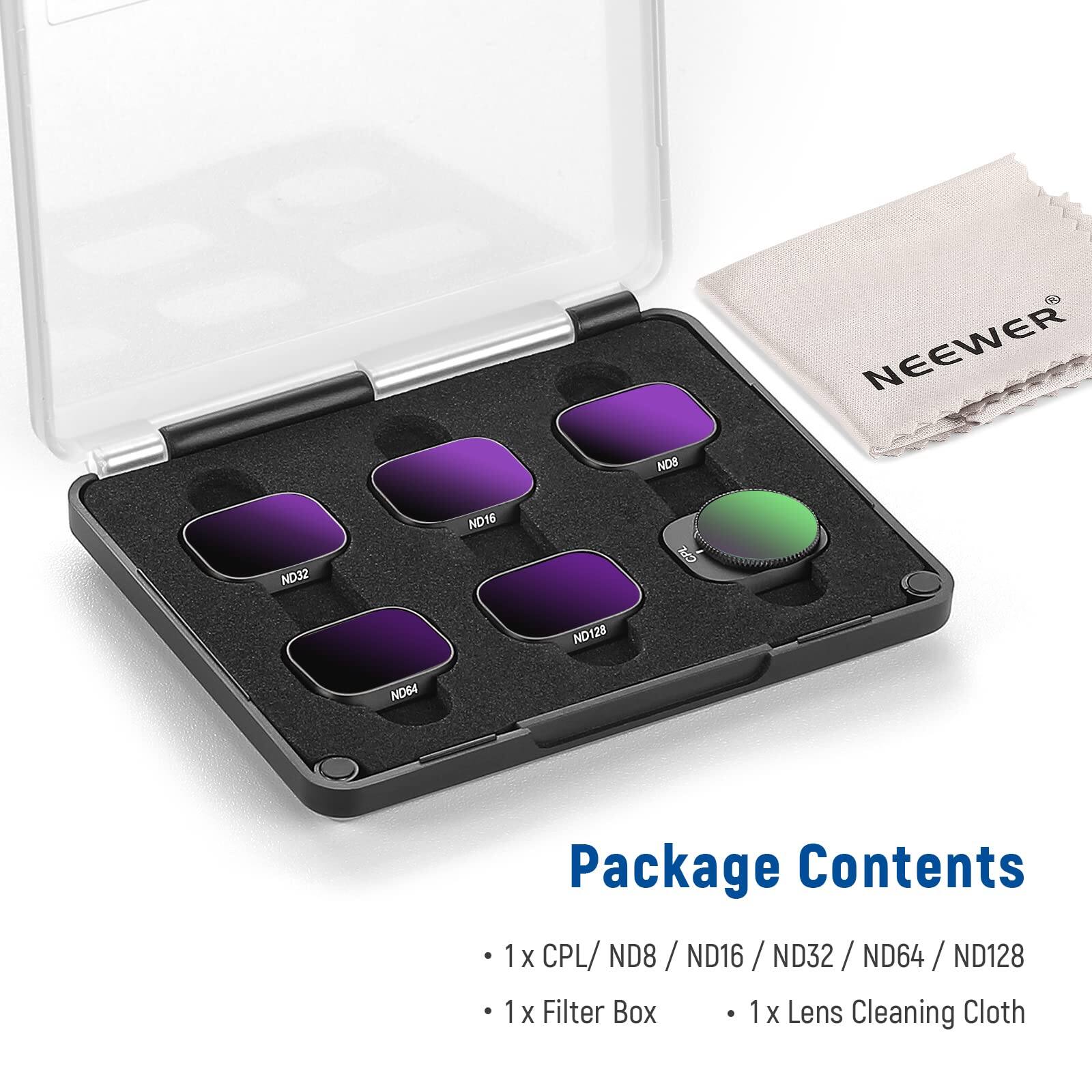 Package Contents

- 1 x CPL / ND8 / ND16 / ND32 / ND64 / ND128
- 1 x Filter Box
- 1 x Lens Cleaning Cloth