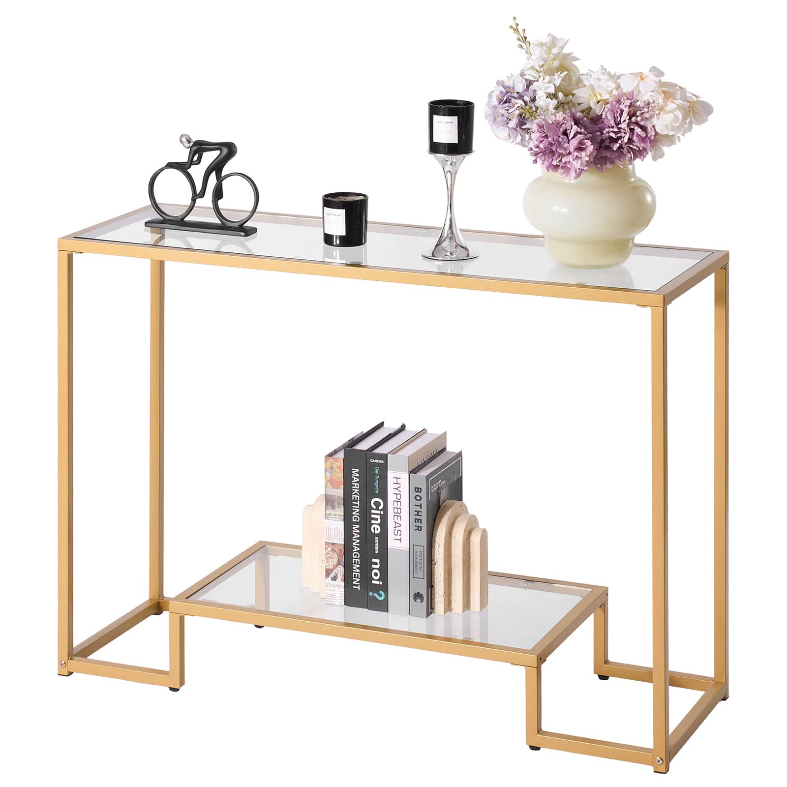 VEVOR - 2-Tier Glass Console Table, Modern Rectangle Sofa Side Table with Tempered Glass Top and Iron Legs - Gold