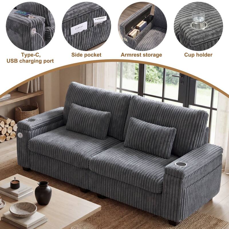 - Type-C, USB charging port
- Side pocket
- Armrest storage
- Cup holder