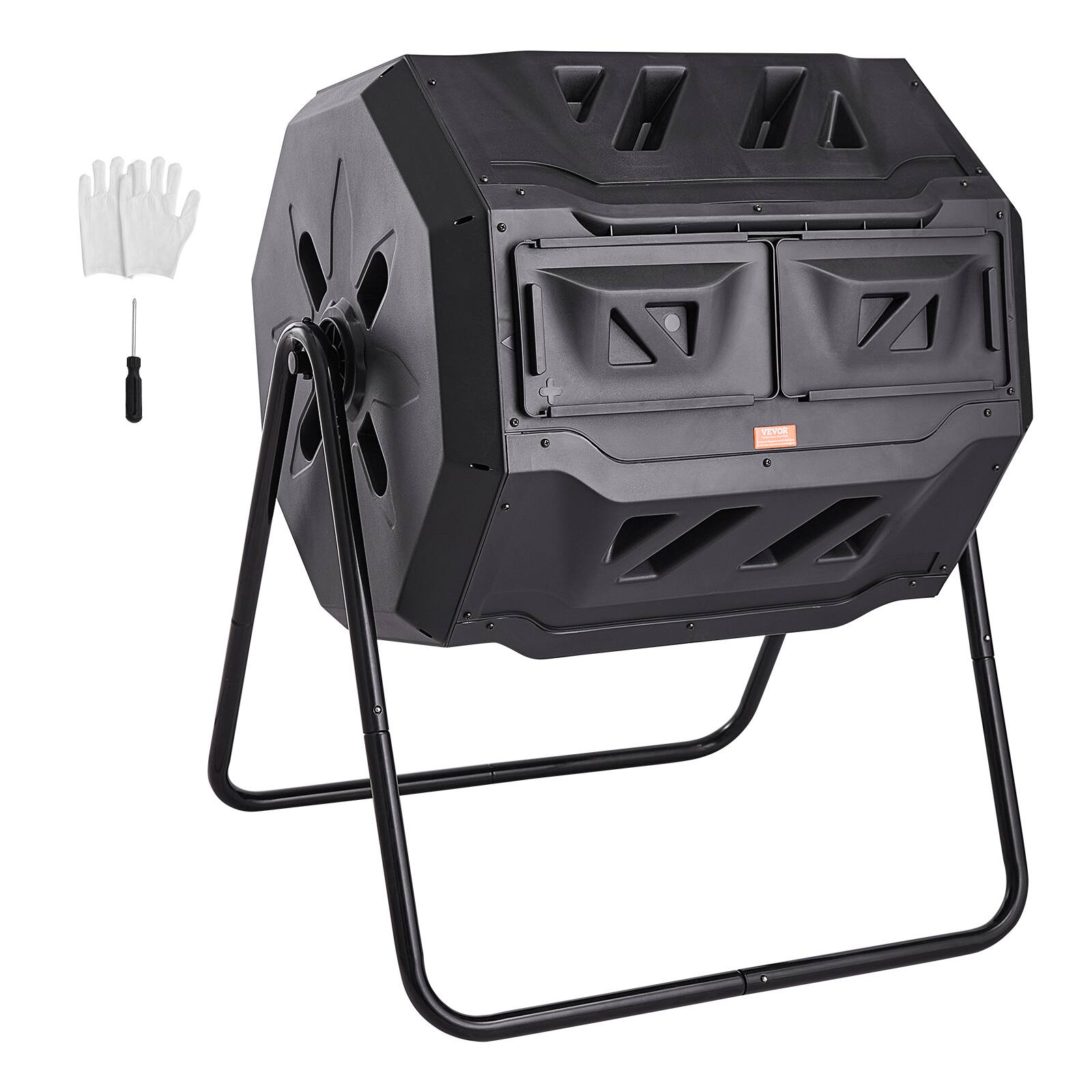 Front. VEVOR - Compost Bin,43-Gal Dual Chamber Composting Tumbler, Large Tumbling Rotating Composter with 2 Sliding Doors, Steel Frame - Black.