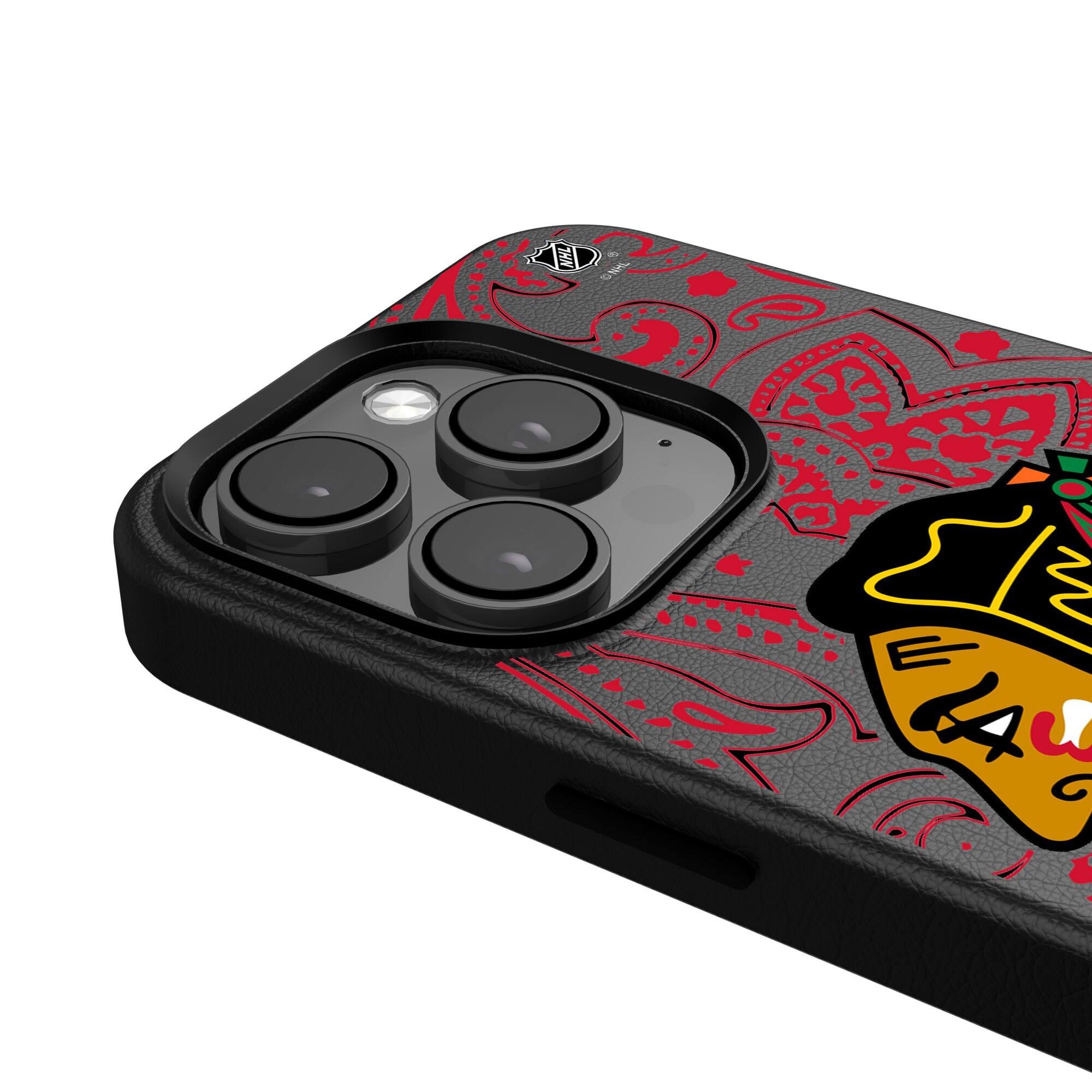 Alt View 3. Keyscaper - Black Chicago Blackhawks Paisley iPhone Magnetic Bump Case - 15 Pro Max - Black.