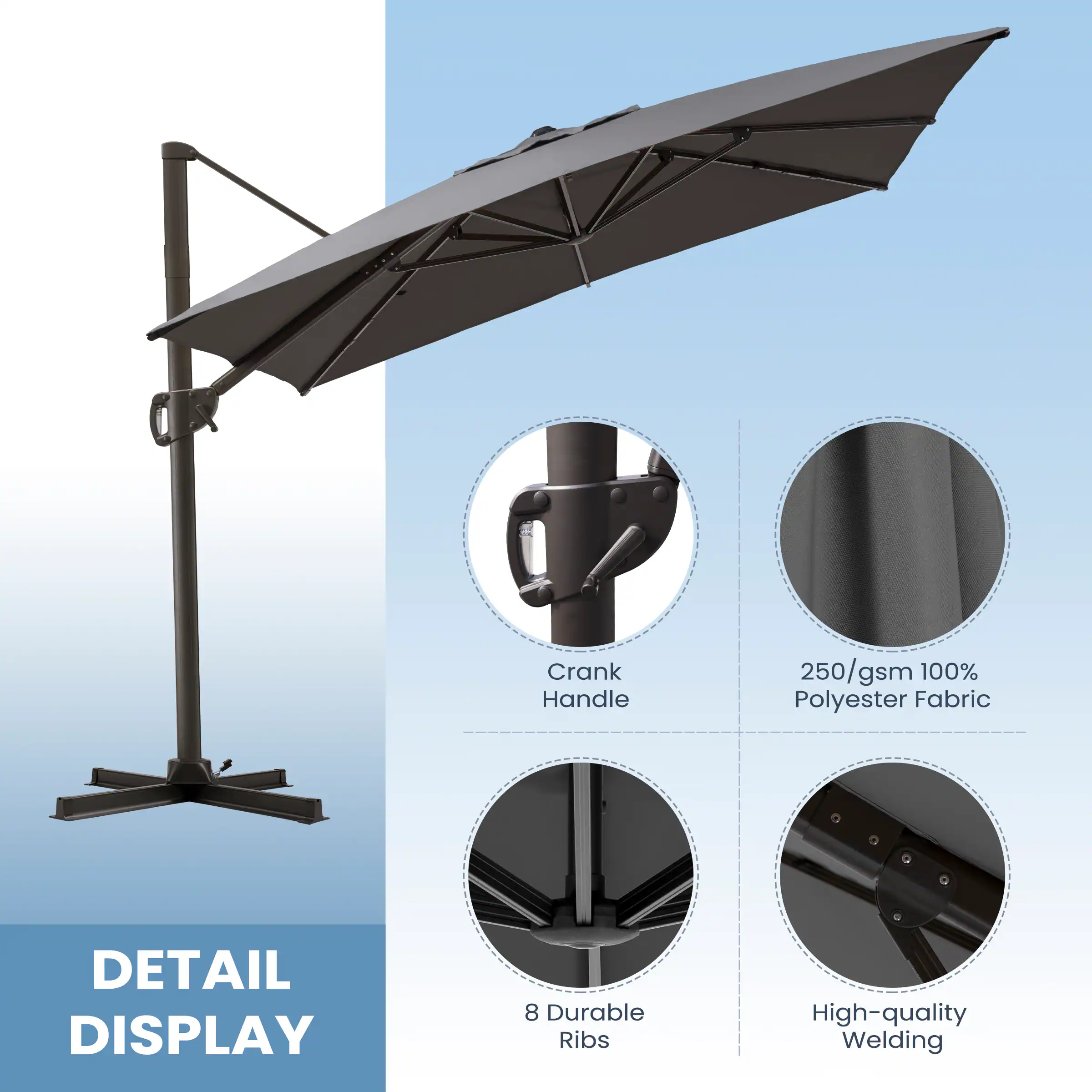 - Crank Handle
- 250/gsm 100% Polyester Fabric
- 8 Durable Ribs
- High-quality Welding