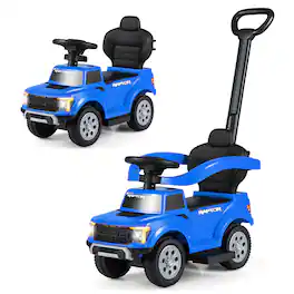 Gymax - 3-In-1 Licensed Ford Stroller Sliding Walking Car w/Horn Sound LED Headlights - Blue