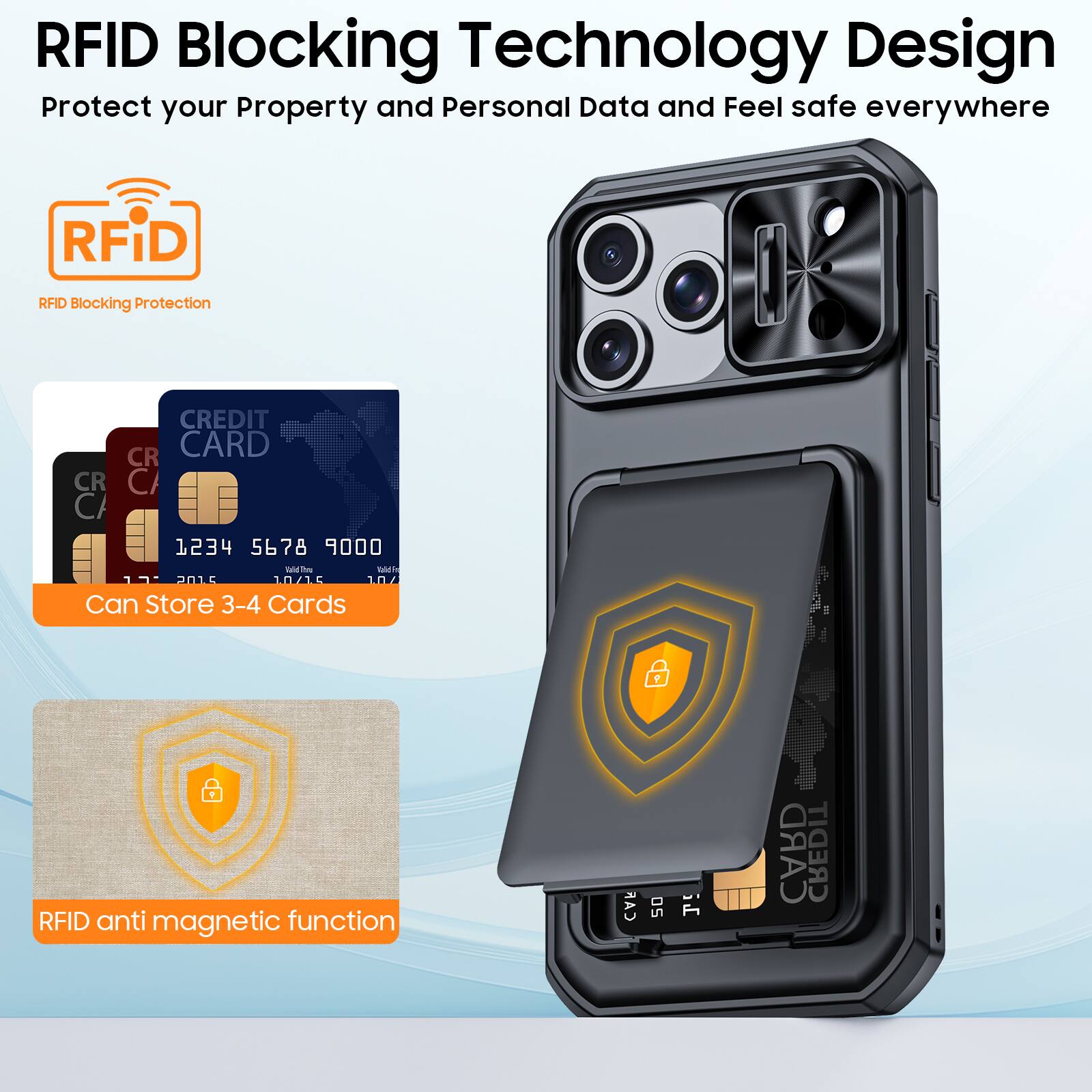 RFID Blocking Technology Design  
Protect your Property and Personal Data and Feel safe everywhere  

RFID Blocking Protection  

Can Store 3-4 Cards  

RFID anti magnetic function