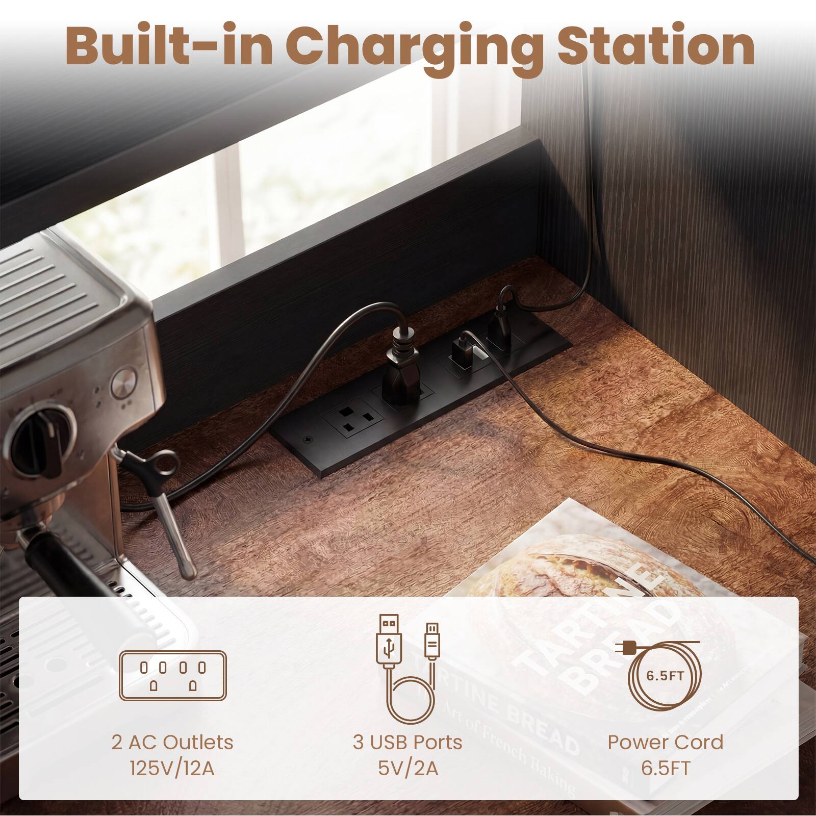 Built-in Charging Station  
2 AC Outlets 125V/12A  
3 USB Ports 5V/2A  
Power Cord 6.5FT