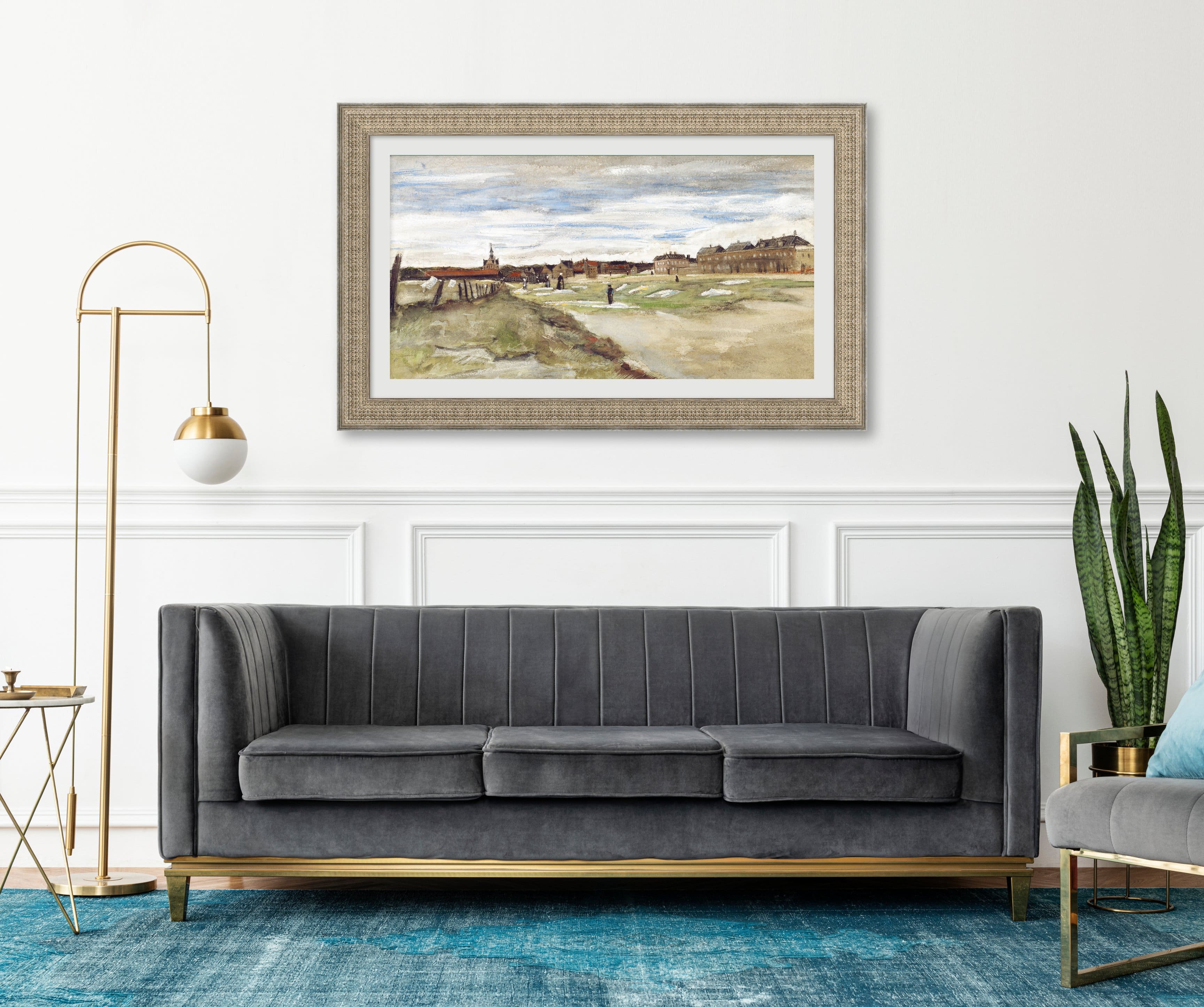 Angle. Deco TV Frames - Premiere Bezel for Samsung the Frame TV - 85" - Gatsby Silver.