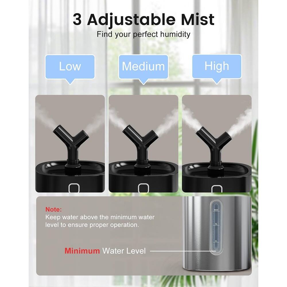 3 Adjustable Mist  
Find your perfect humidity  

Low  
Medium  
High  

Note: Keep water above the minimum water level to ensure proper operation.  

Minimum Water Level