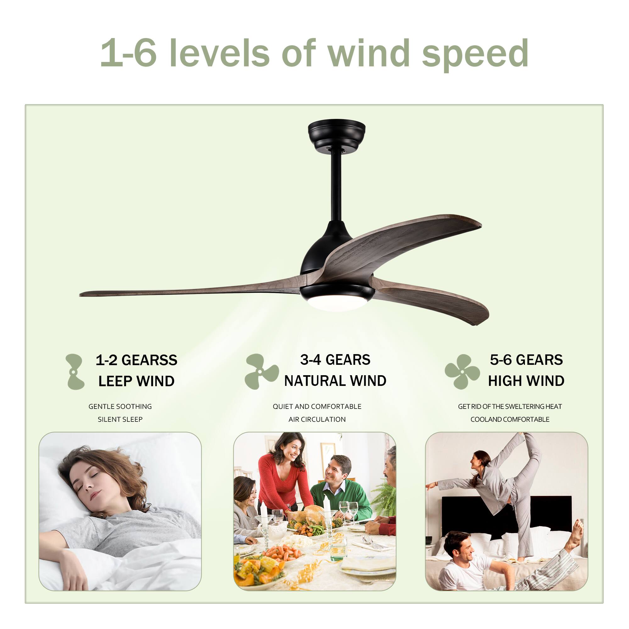 1-6 levels of wind speed

1-2 GEARS  
LEEP WIND  
GENTLE SOOTHING  
SILENT SLEEP

3-4 GEARS  
NATURAL WIND  
QUIET AND COMFORTABLE  
AIR CIRCULATION

5-6 GEARS  
HIGH WIND  
GET RID OF THE SWELTERING HEAT  
COOL AND COMFORTABLE