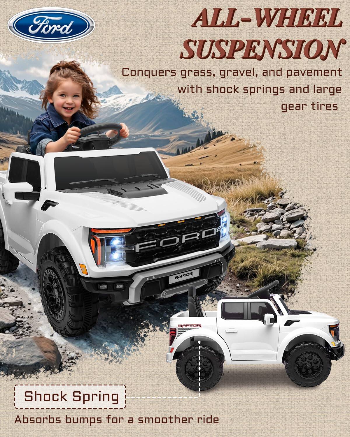 Ford ALL-WHEEL SUSPENSION Conquers grass, gravel, and pavement with shock springs and large gear tires

FORD RAPTOR

Shock Spring Absorbs bumps for a smoother ride