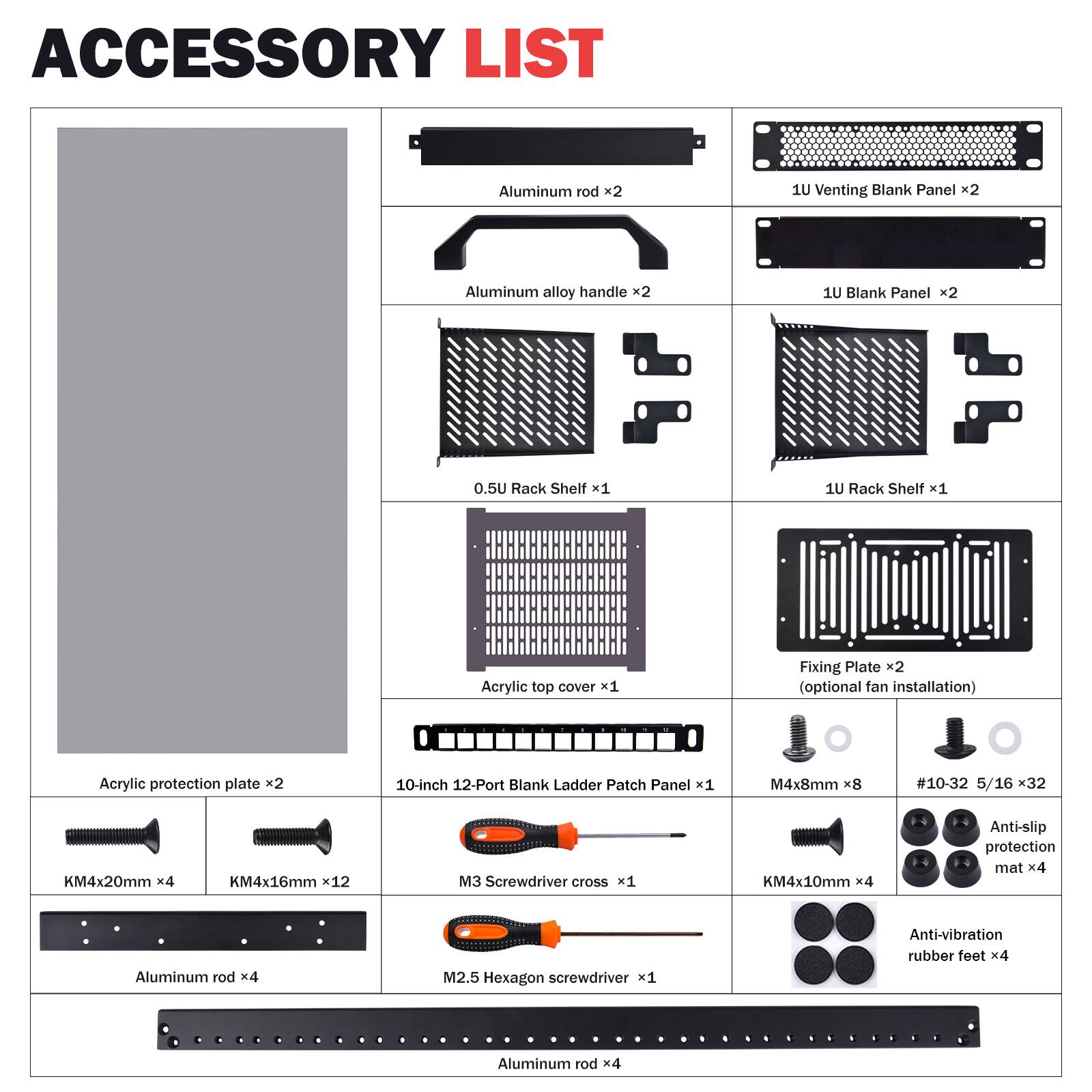 ACCESSORY LIST

- Aluminum rod x2
- 1U Venting Blank Panel x2
- Aluminum alloy handle x2
- 1U Blank Panel x2
- 0.5U Rack Shelf x1
- 1U Rack Shelf x1
- Acrylic top cover x1
- Fixing Plate x2 (optional fan installation)
- Acrylic protection plate x2
- 10-inch 12-Port Blank Ladder Patch Panel x1
- M4x8mm x8
- #10-32 5/16 x32
- KM4x20mm x4
- KM4x16mm x12
- M3 Screwdriver cross x1
- KM4x10mm x4
- Anti-slip protection mat x4
- Aluminum rod x4
- M2.5 Hexagon screwdriver x1
- Anti-vibration rubber feet x4
- Aluminum rod x4