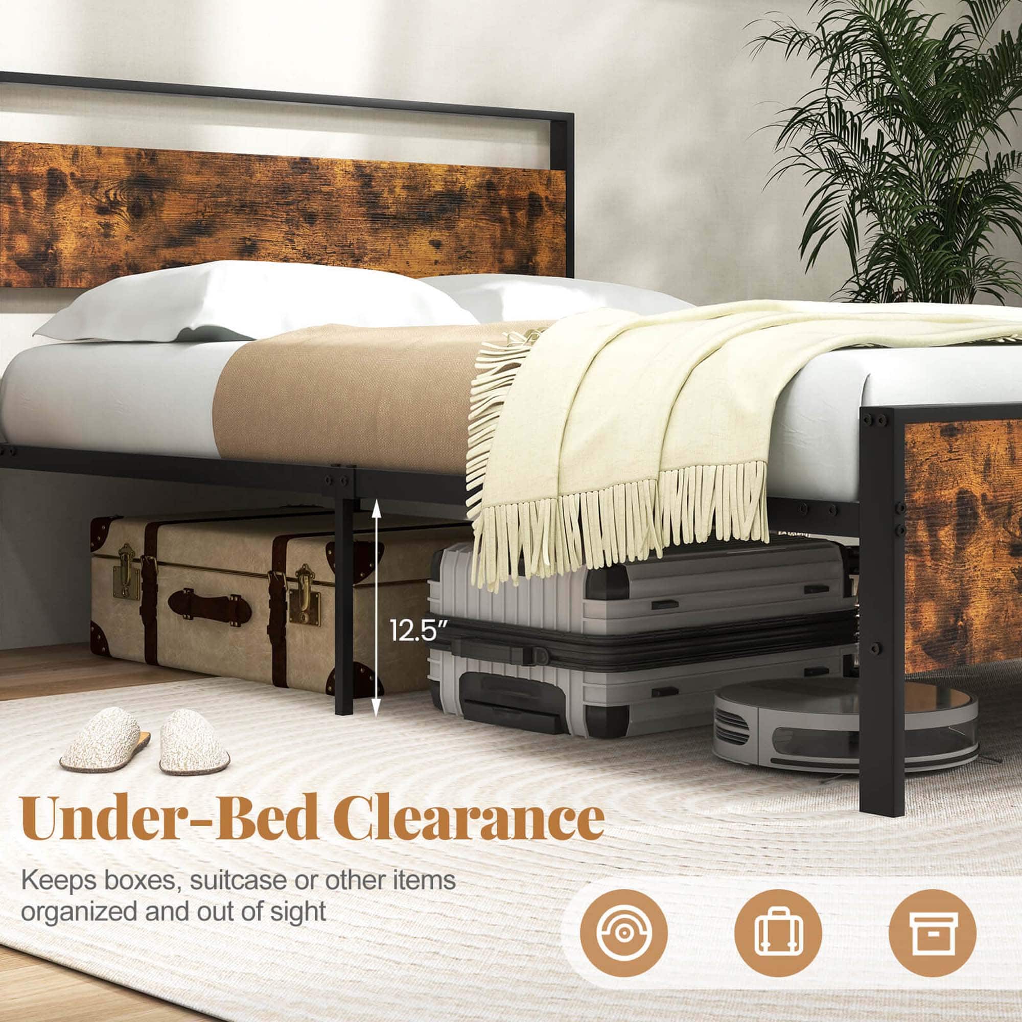 The text on the image reads: "12.5" Under-Bed Clearance Keeps boxes, suitcase or other items organized and out of sight."