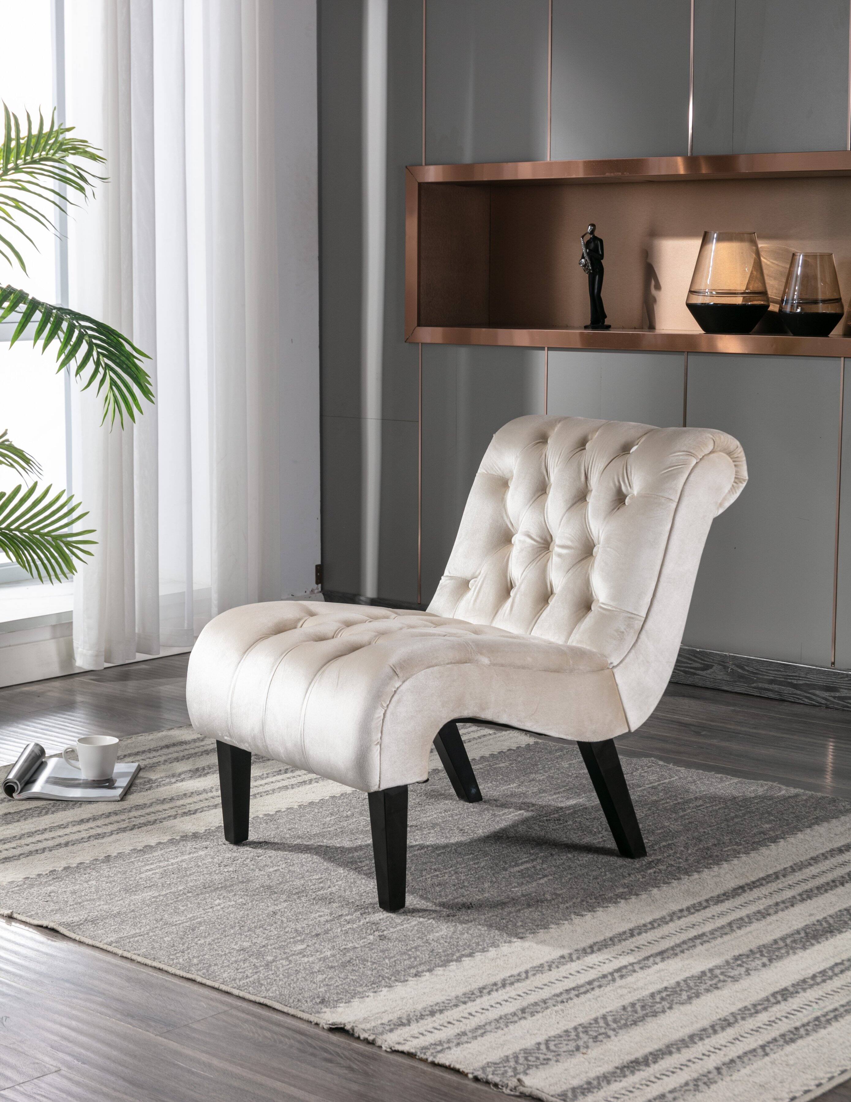 Alt View 1. Trinkets Crazed - Velvet Accent Lounge Chair for Living Room, Modern Leisure Chair with Tufted Backrest, Indoor Armless Side Chair - Beige.