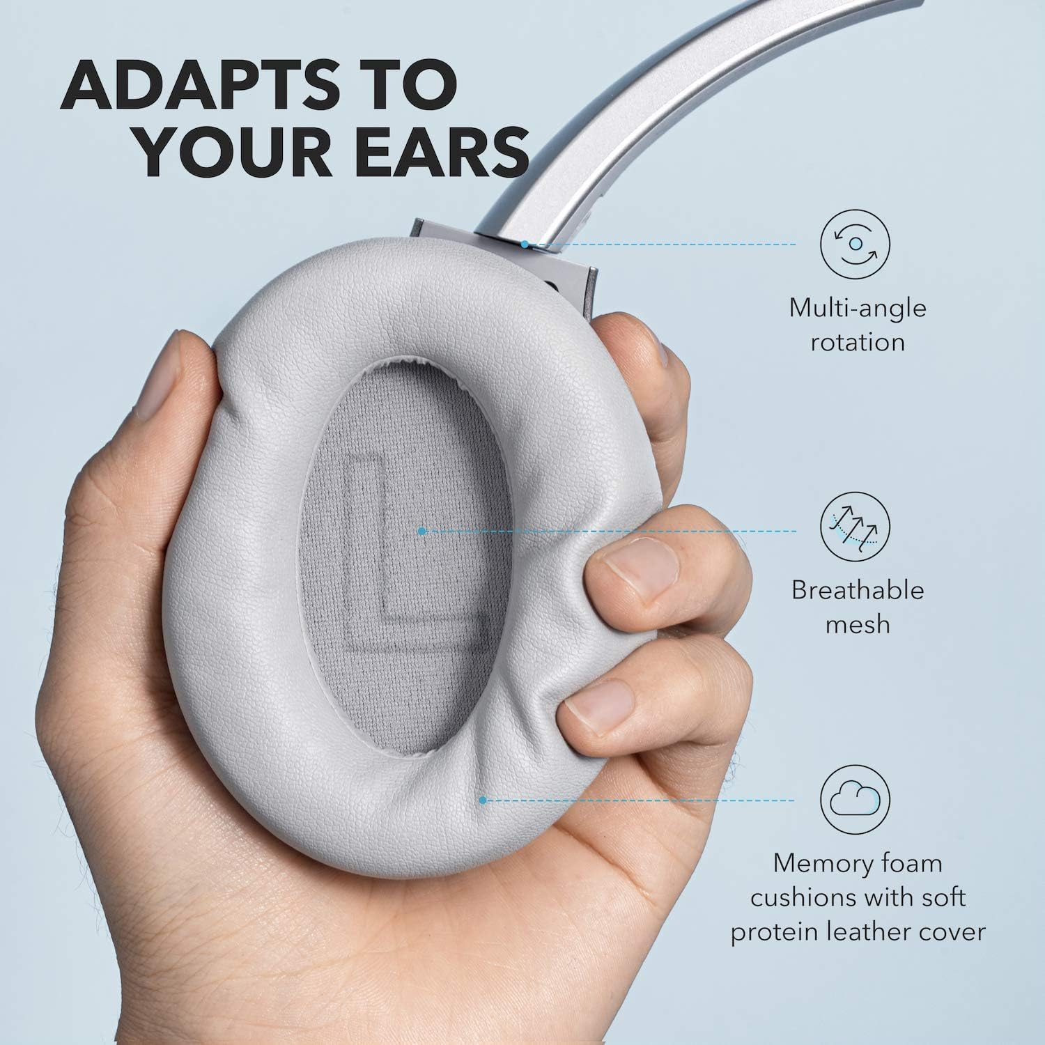 ADAPTS TO YOUR EARS

- Multi-angle rotation
- Breathable mesh
- Memory foam cushions with soft protein leather cover