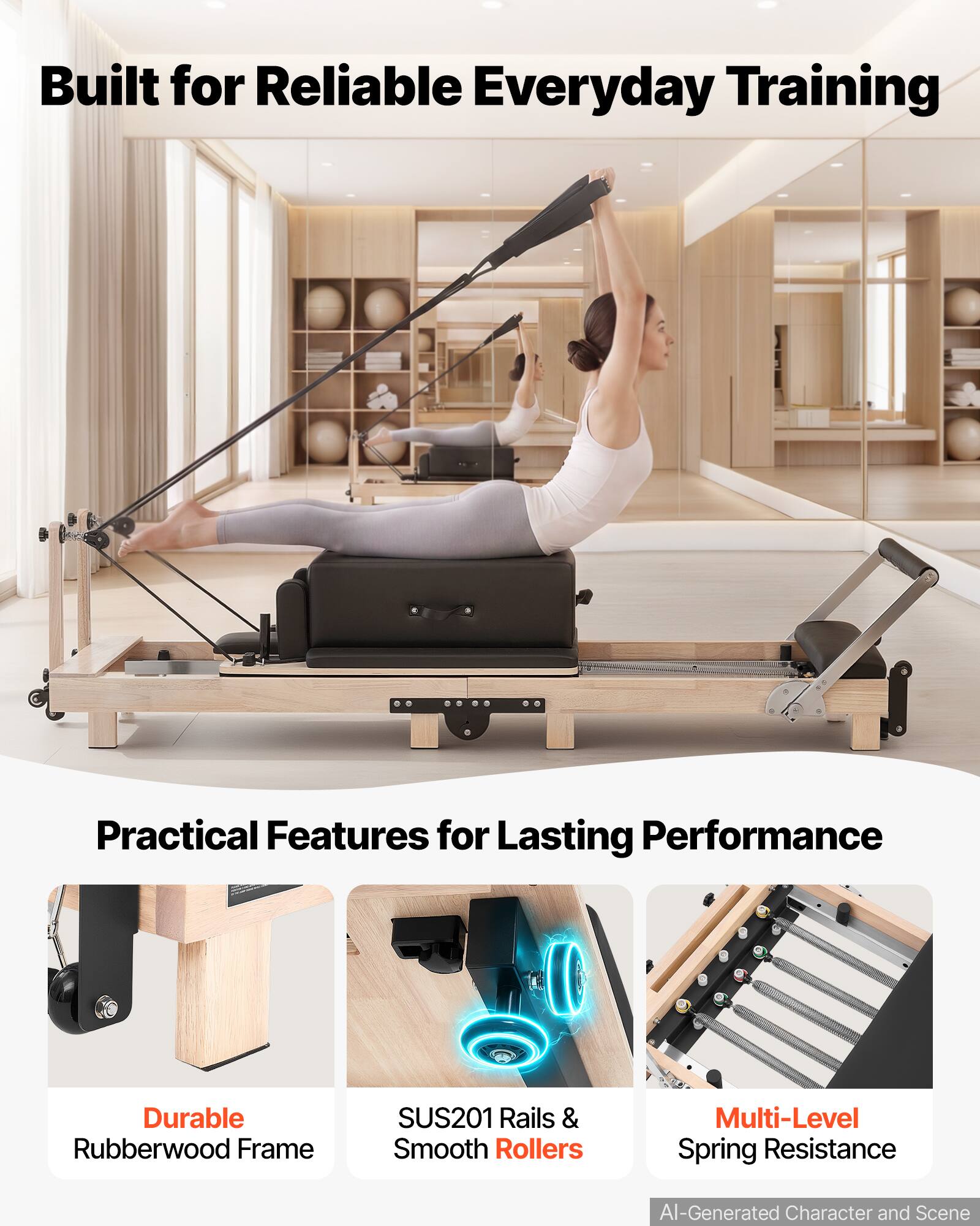 Built for Reliable Everyday Training

Practical Features for Lasting Performance

- Durable Rubberwood Frame
- SUS201 Rails & Smooth Rollers
- Multi-Level Spring Resistance

AI-Generated Character and Scene
