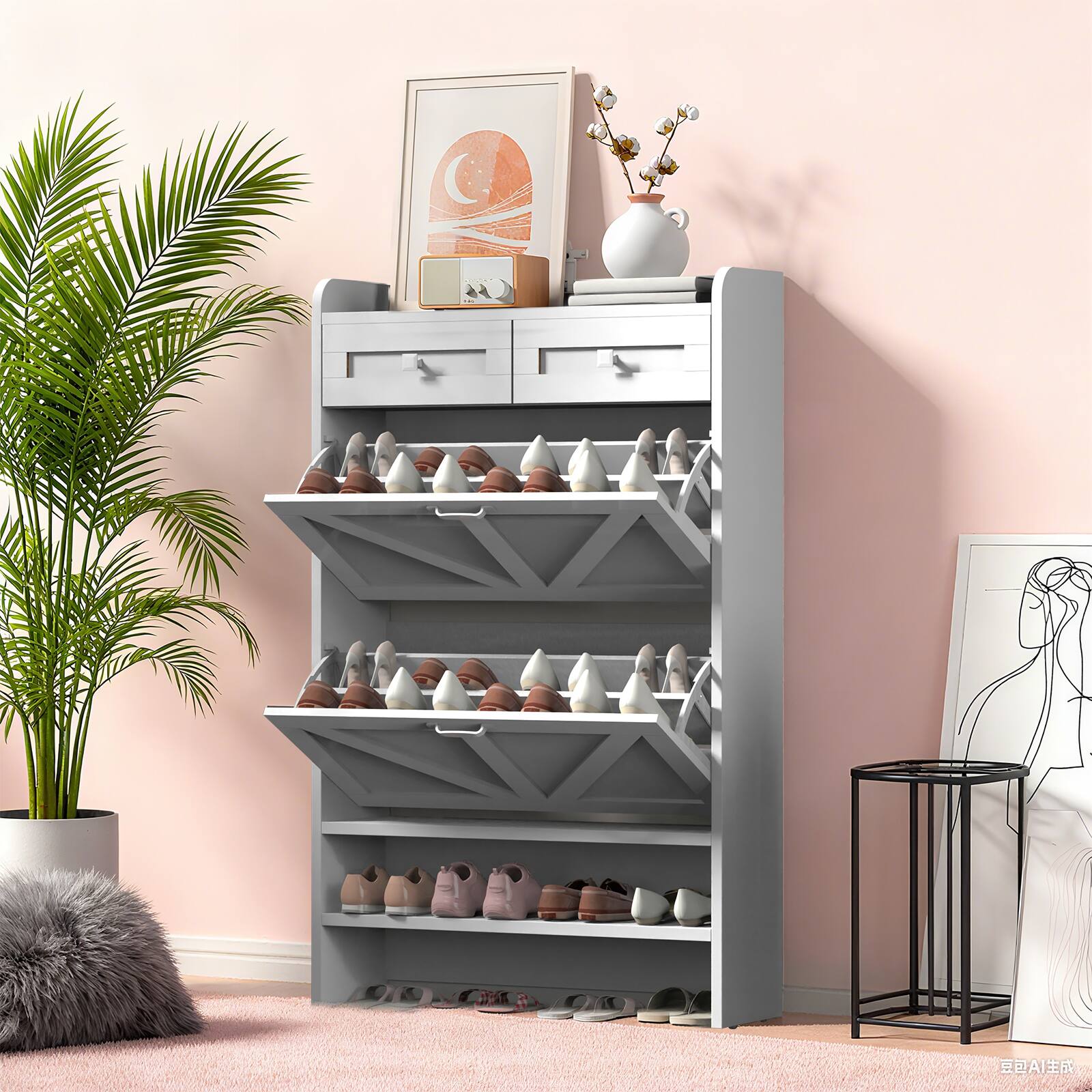 Angle. Oumilen - White Slim Shoe Cabinet with 2 Flip Drawers and 2 Open Shelves - White.