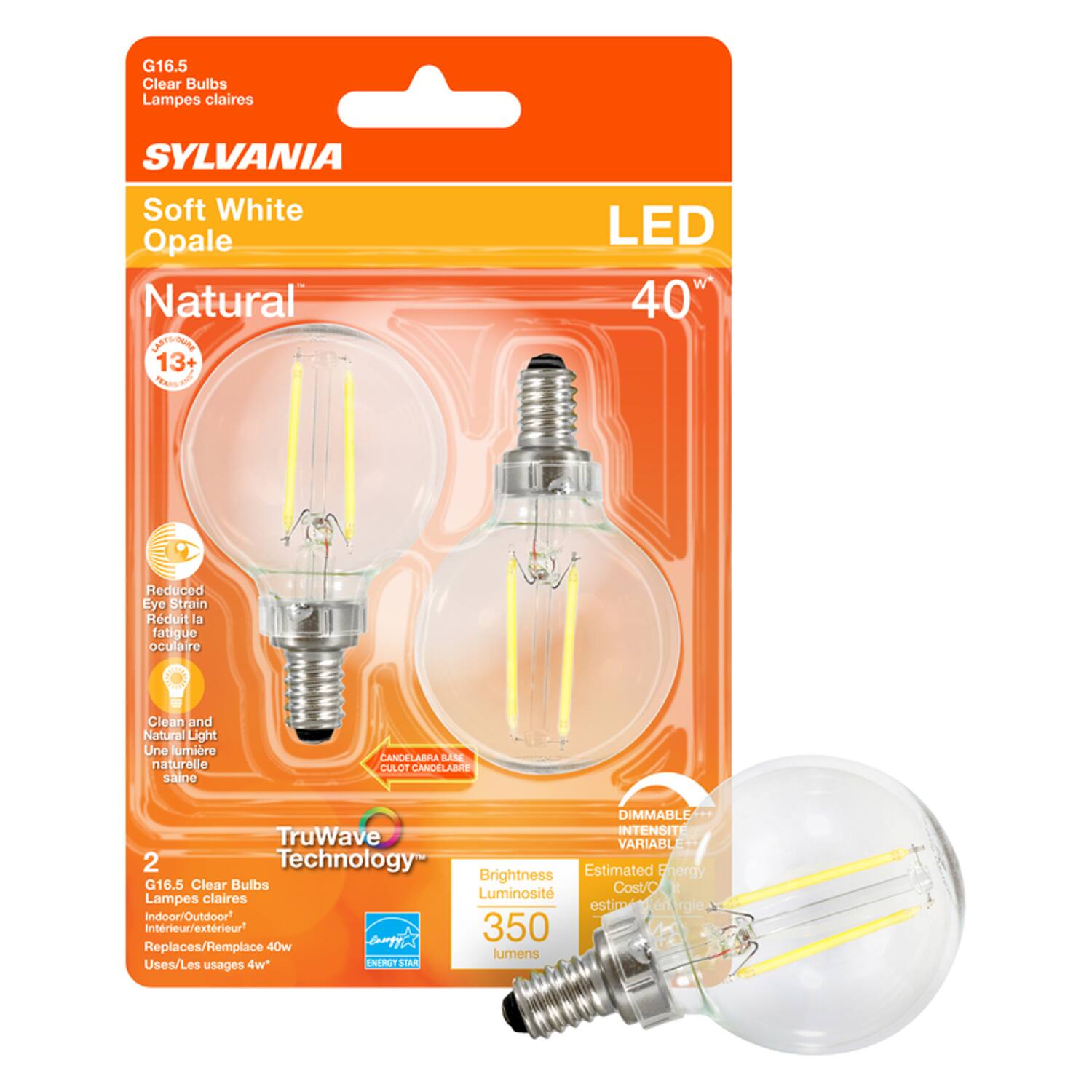 G16.5 Clear Bulbs Lampes claires SYLVANIA Soft White Opale Natural IATUEAAA 13+  TA LED 400 Reduced Eye Strain Rduit la fatigue oculaire Clean and Natural Light Une lumière naturelle saine CANDELABRA LANE CULOT CANDELADRT DIMMABLE INTENSITE TruWave VARIABLE 2 Technology Estimated Energy Brightness G16.5 Clear Bulbs Cost/C it claires Luminosit Lampes estim en énergie Indoor/Outdoor Intérieur/extérieur! ATA 350 Replaces/Remplace 40w lumens Uses/Les 4w* ENERGIE 11A usages